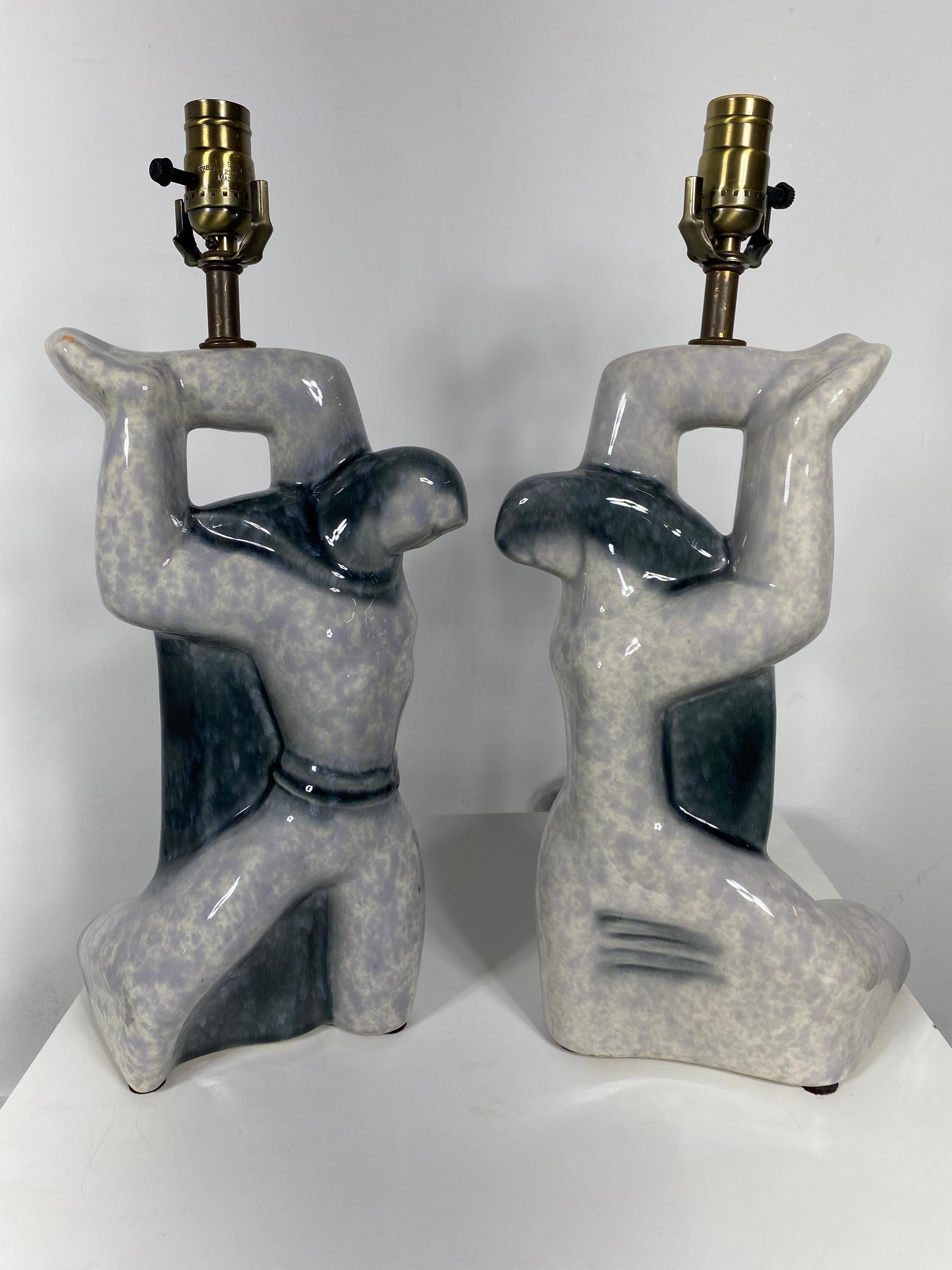 Pair Cubist Sculptural 1940s Heifetz Ceramic Figure Lamps For Sale 1