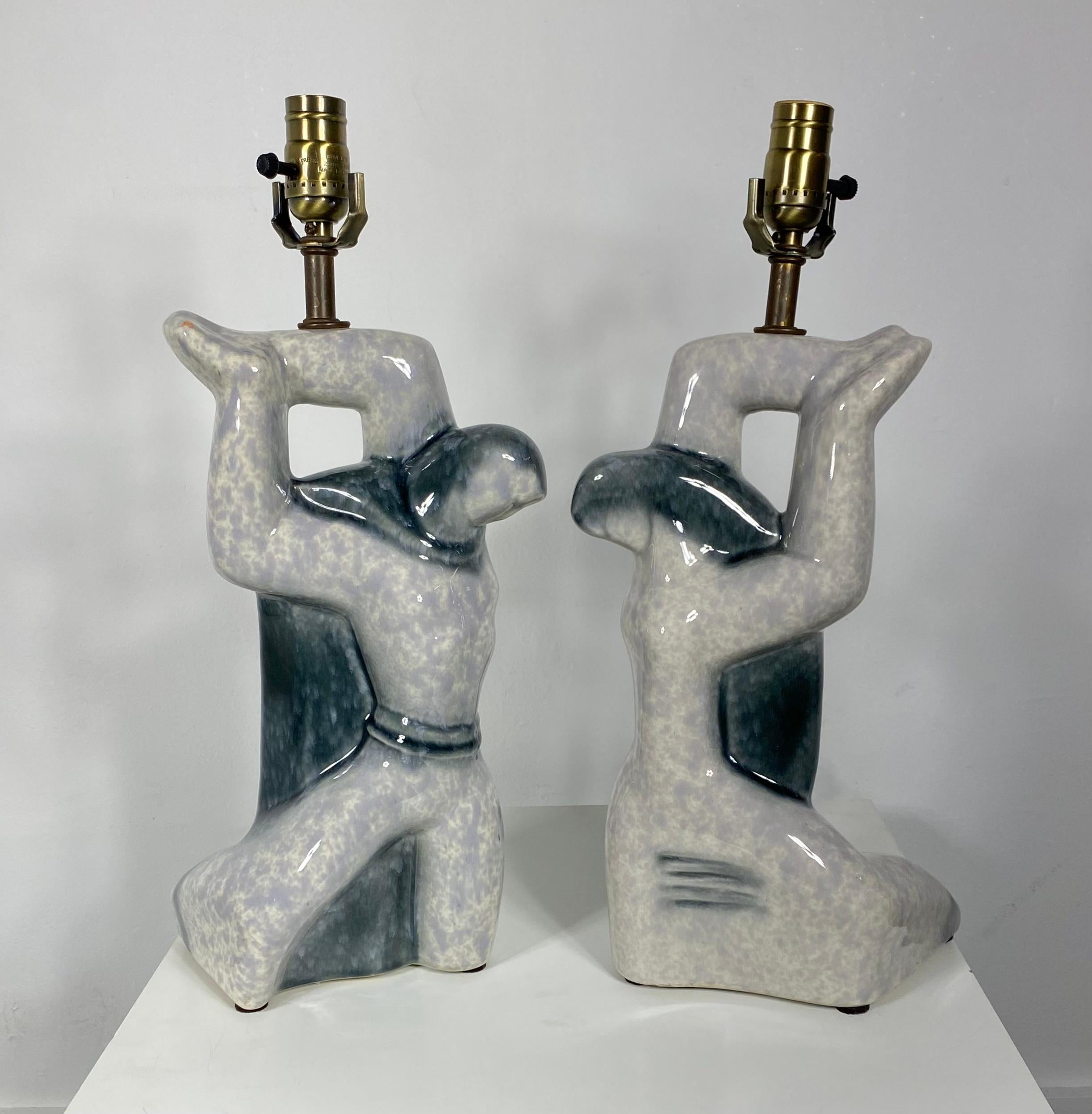 Pair Cubist Sculptural 1940s Heifetz Ceramic Figure Lamps For Sale 2