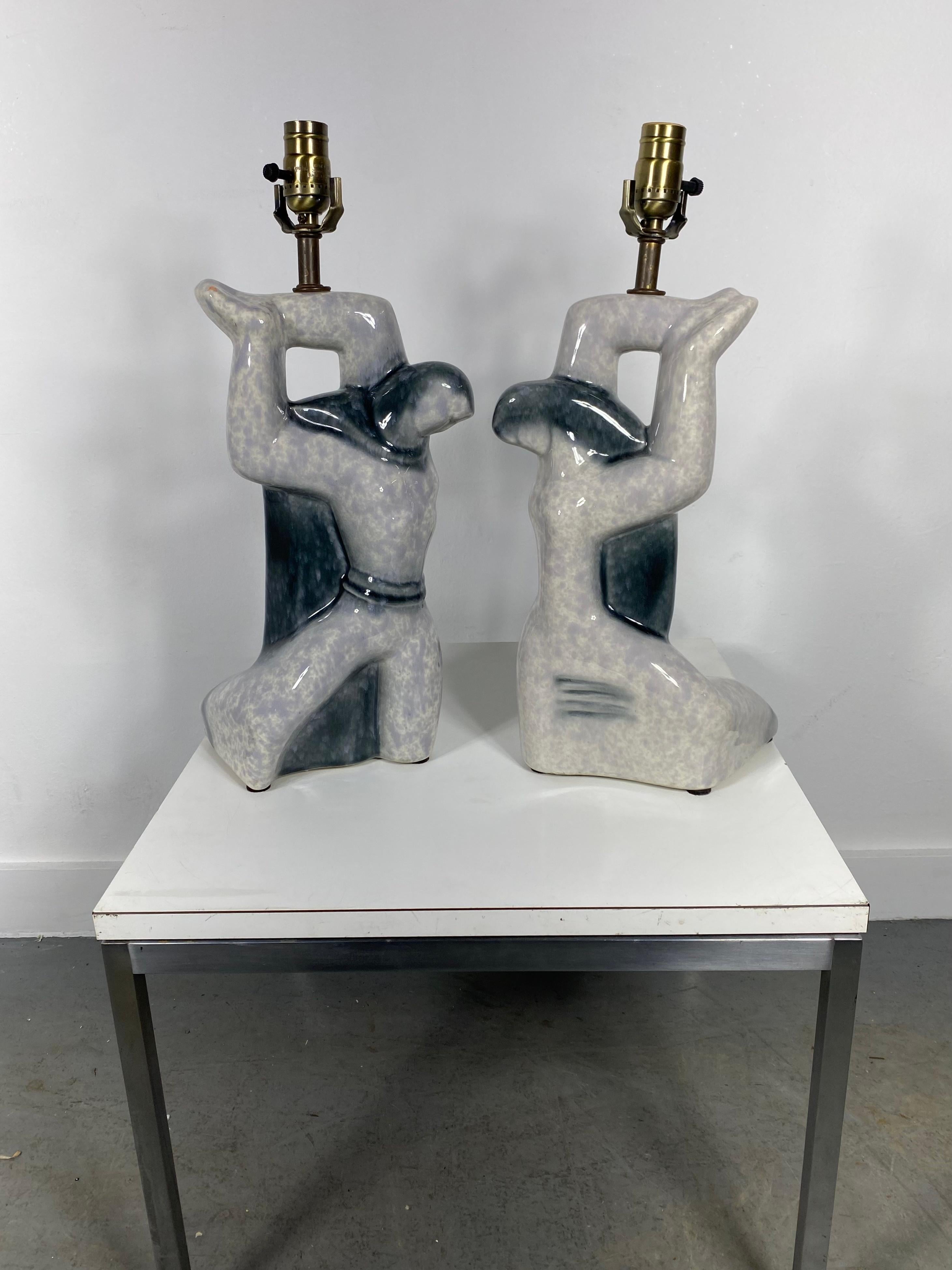 Pair Cubist Sculptural 1940s Heifetz Ceramic Figure Lamps For Sale 3