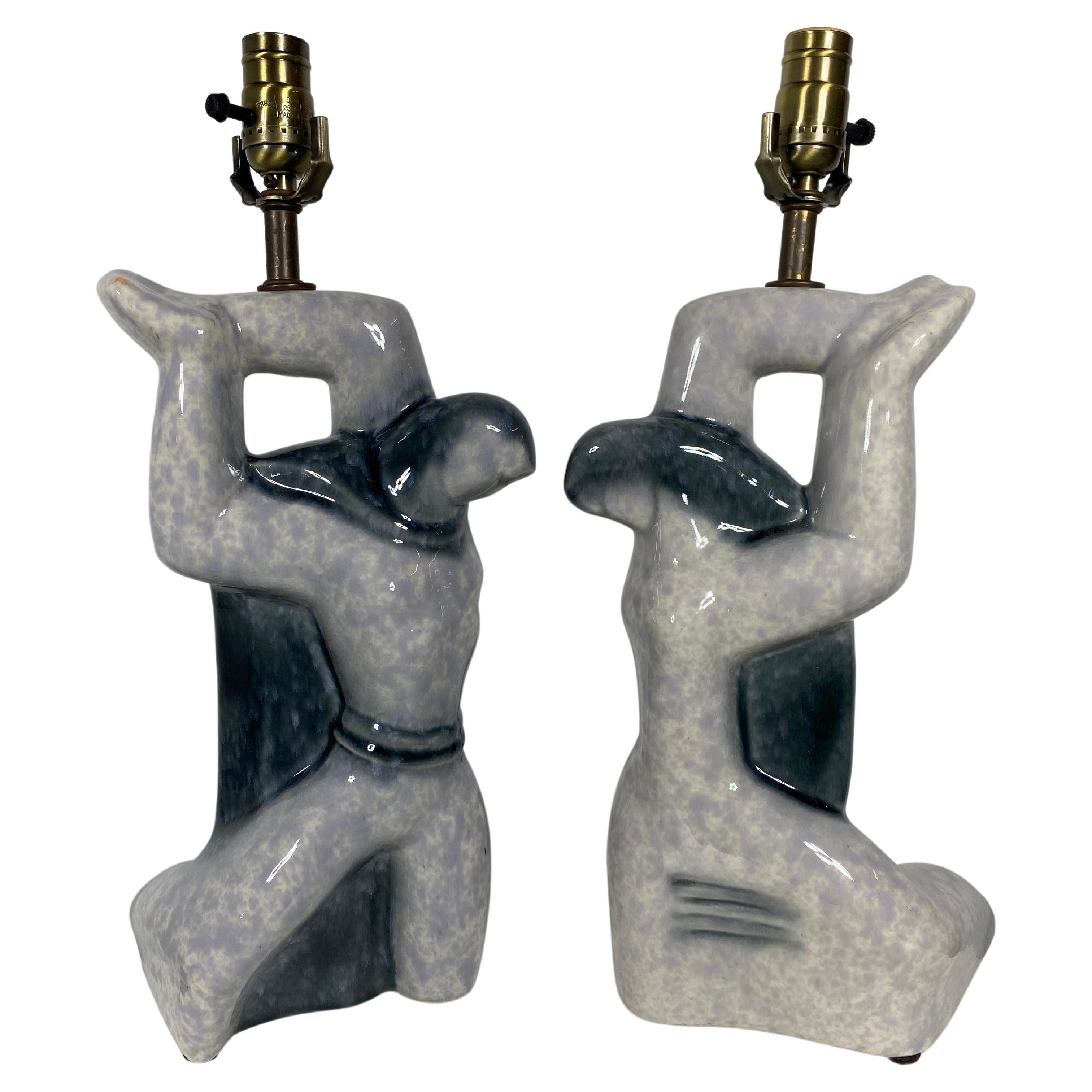 Pair Cubist Sculptural 1940s Heifetz Ceramic Figure Lamps For Sale