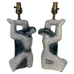 Vintage Pair Cubist Sculptural 1940s Heifetz Ceramic Figure Lamps