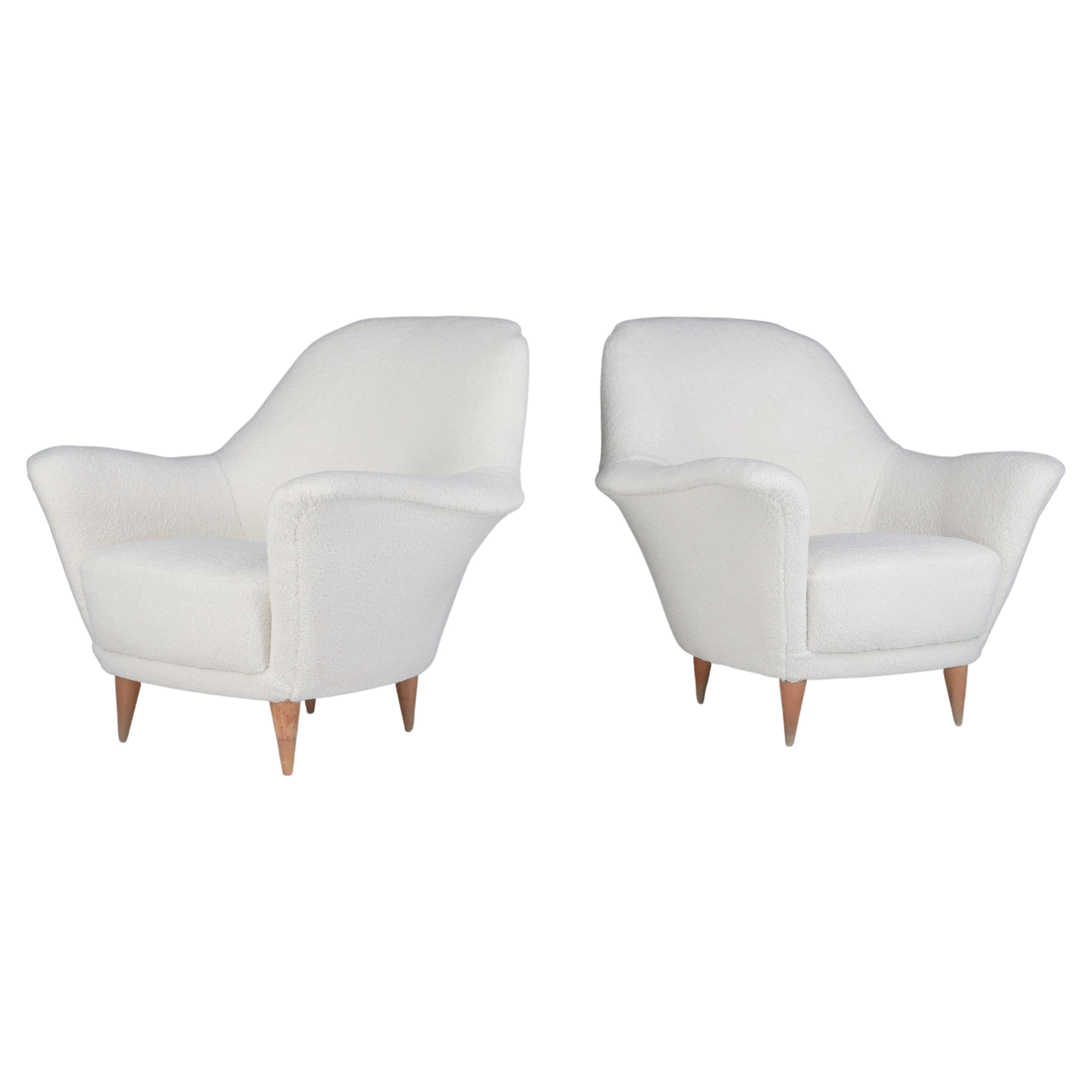 Pair Curved Armchairs by Ico Parisi in Newly Upholstered Teddy Fabric, Italy '50