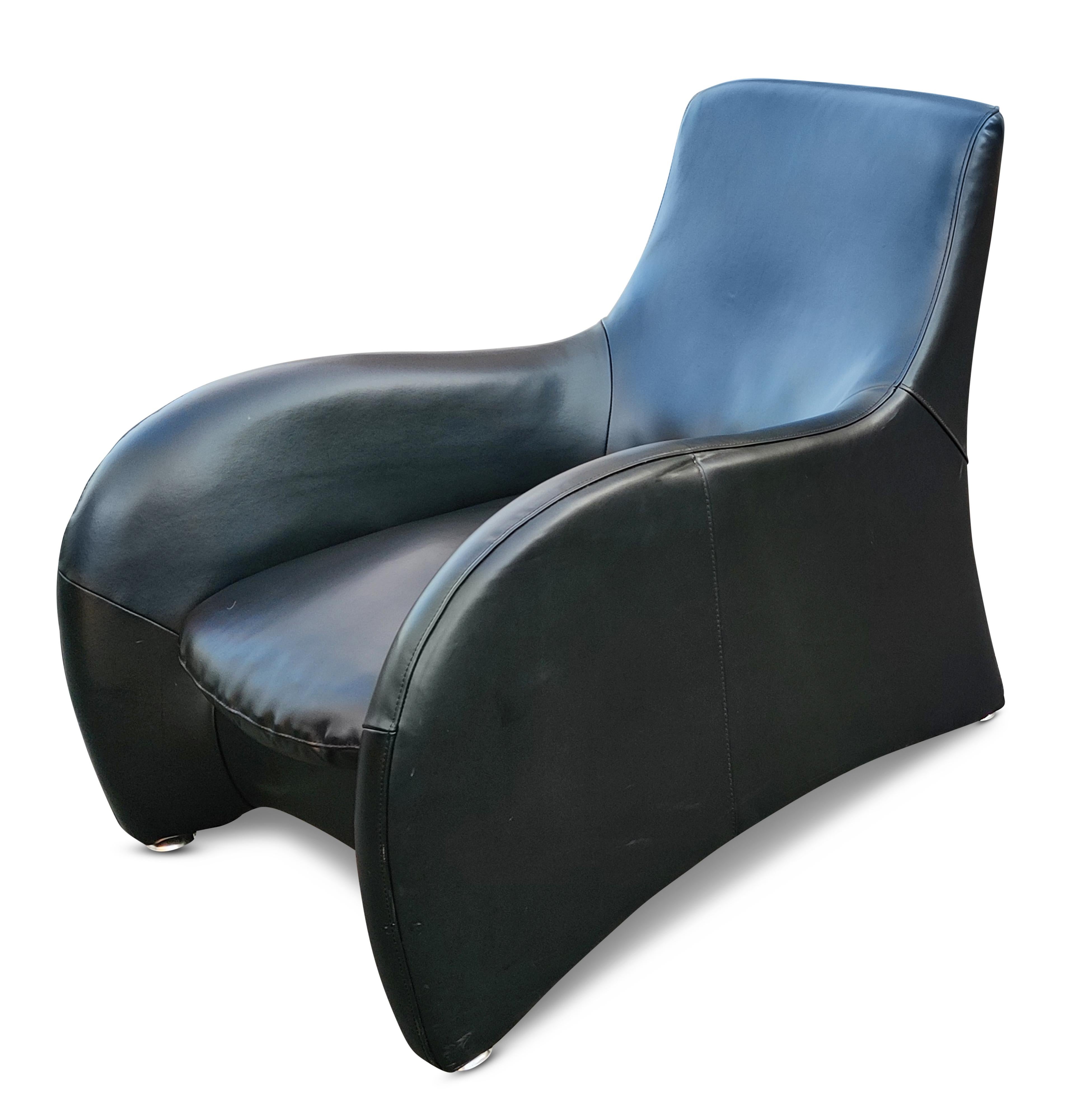 Metal Pair Curvy Leather Lounge Chairs Style of Gerard Van Den Berg Montis Post-Modern For Sale