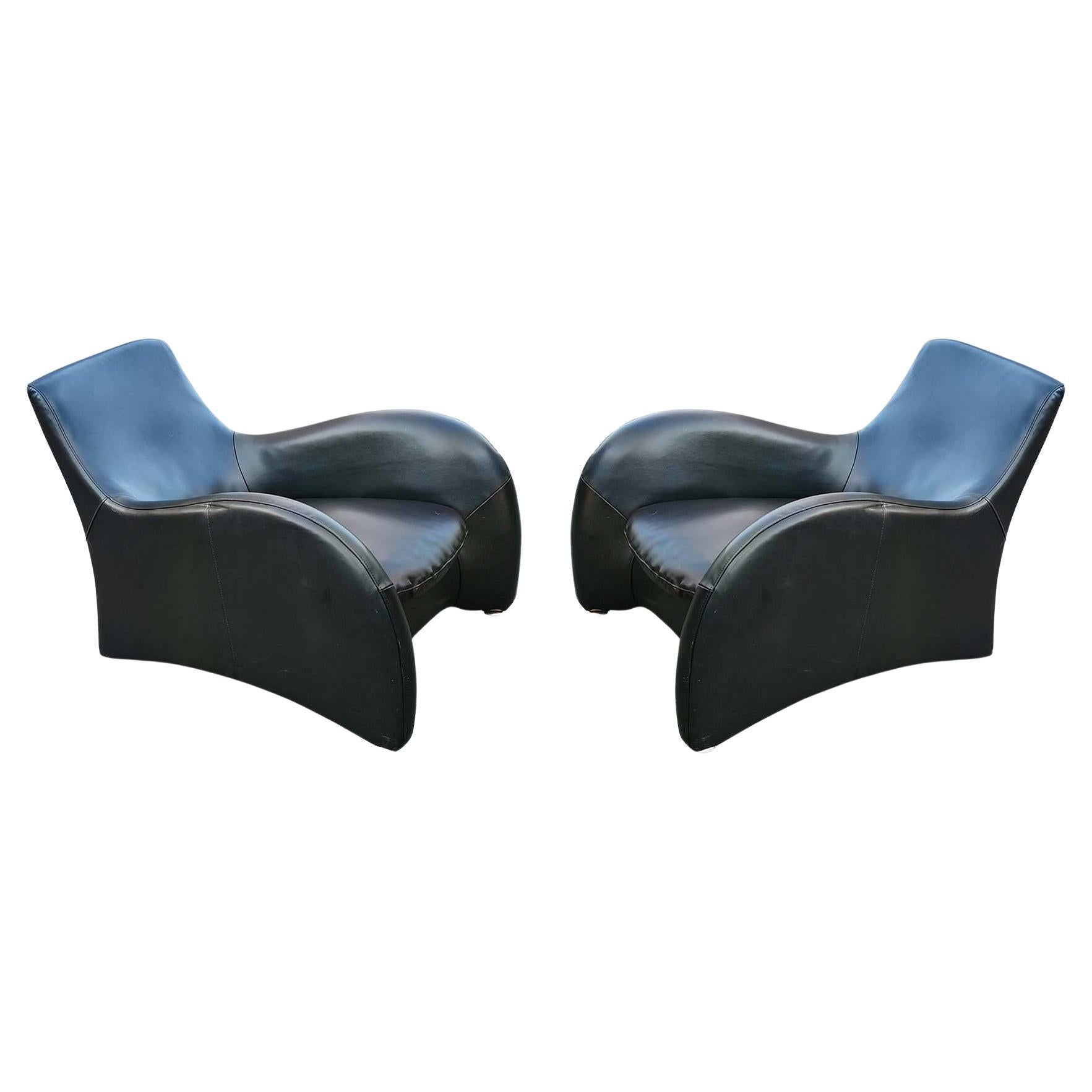 Pair Curvy Leather Lounge Chairs Style of Gerard Van Den Berg Montis Post-Modern For Sale
