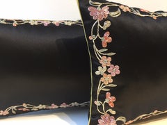 Pair of Cushion Silk Satin Black with Chinese Floral Hand Embroidery