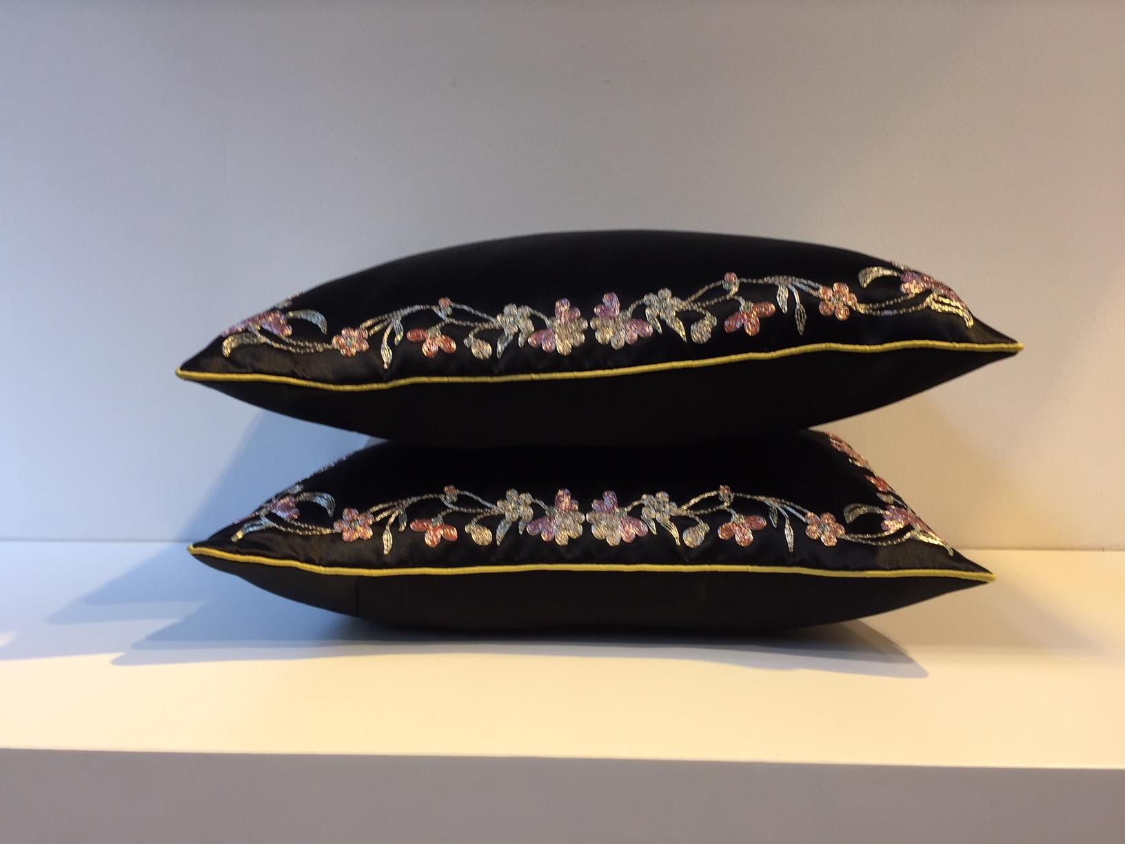 Quilted Pair of Cushion Silk Satin Black with Chinese Floral Hand Embroidery For Sale