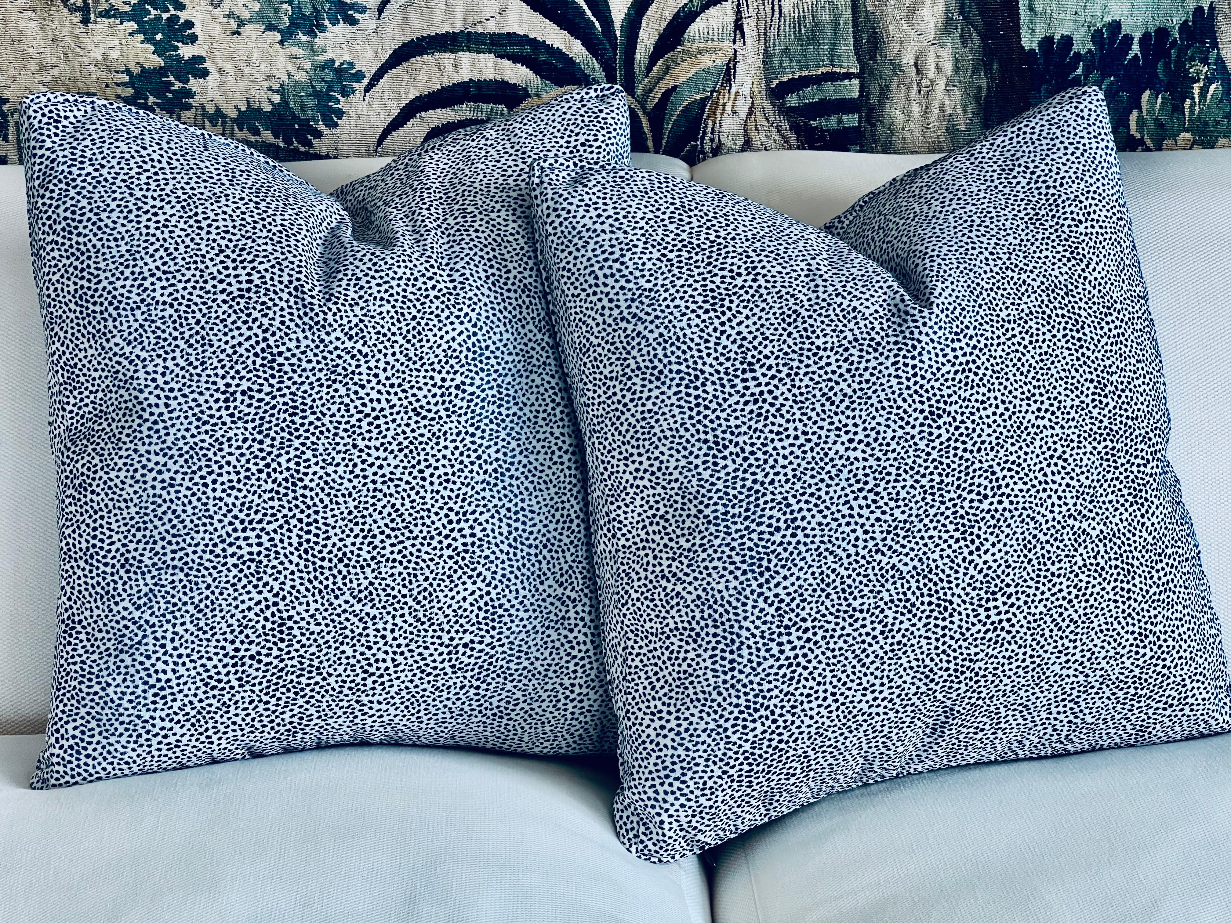 Pair Cushions/Pillows in a small blue animal print For Sale 6