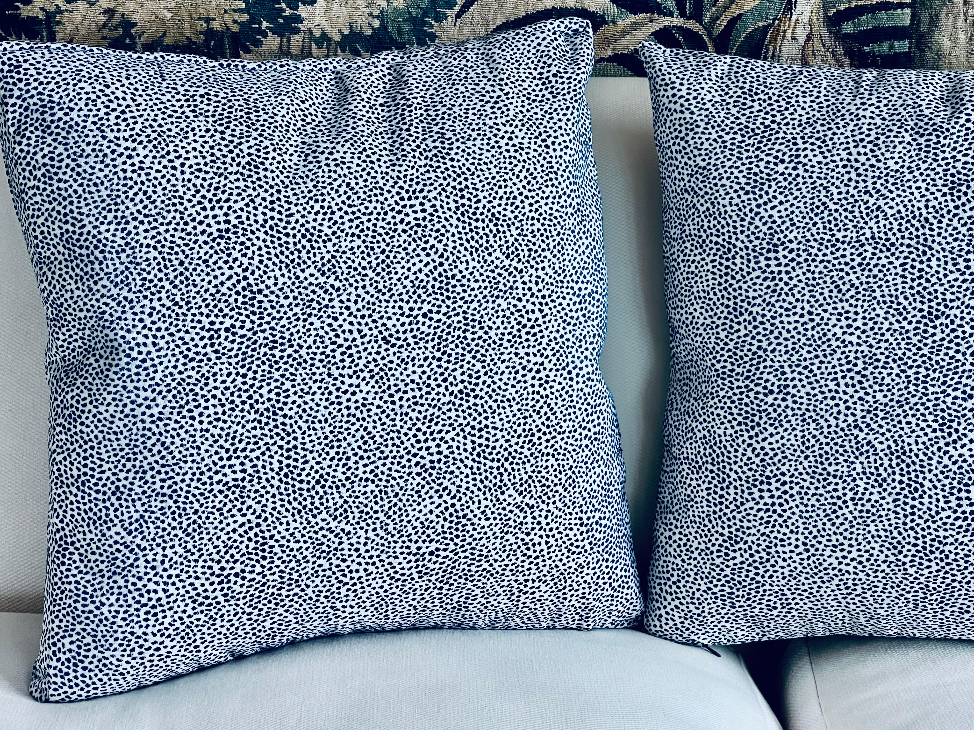 Hand-Crafted Pair Cushions/Pillows in a small blue animal print For Sale