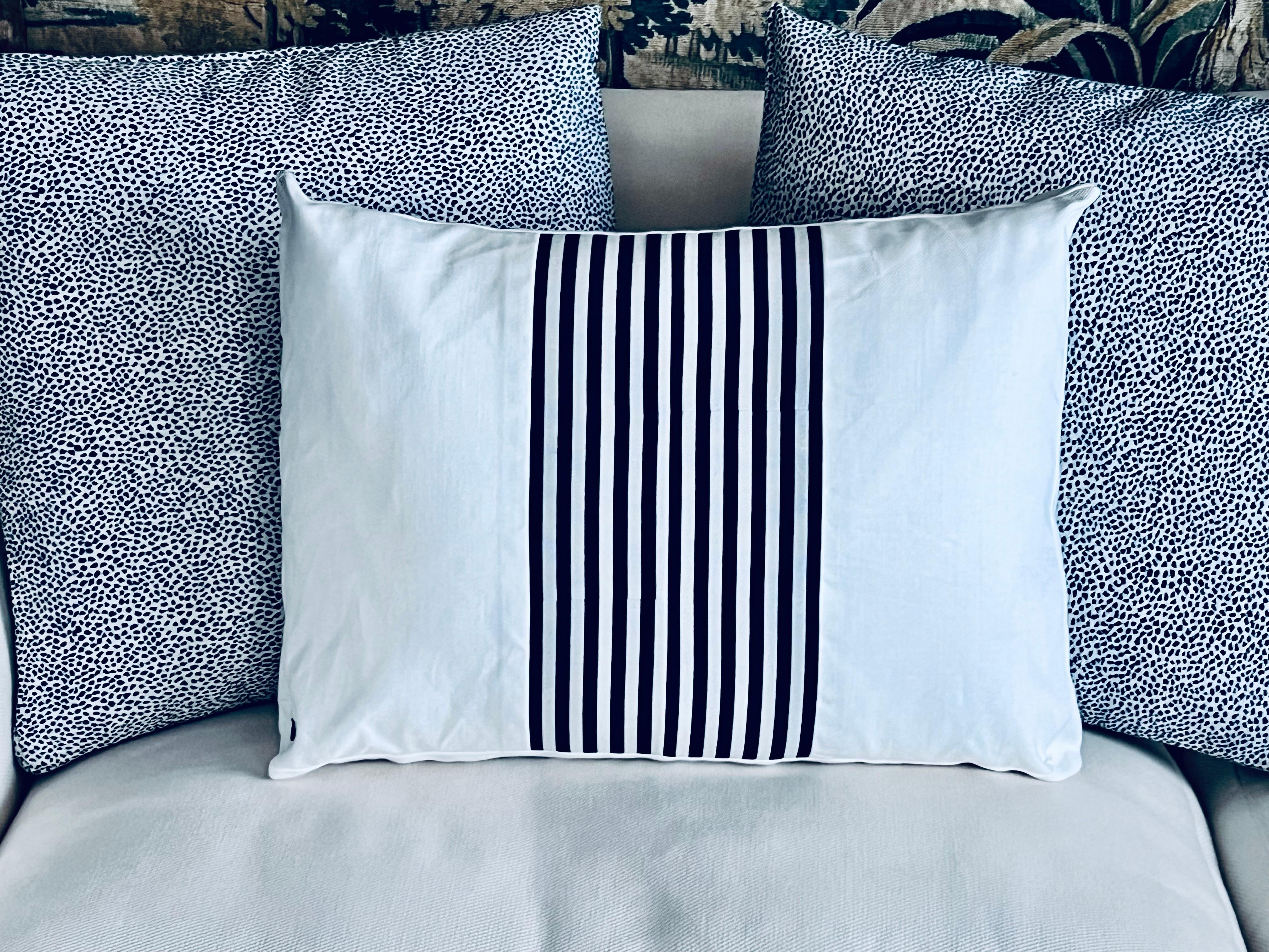 Fabric Pair Cushions/Pillows in a small blue animal print For Sale