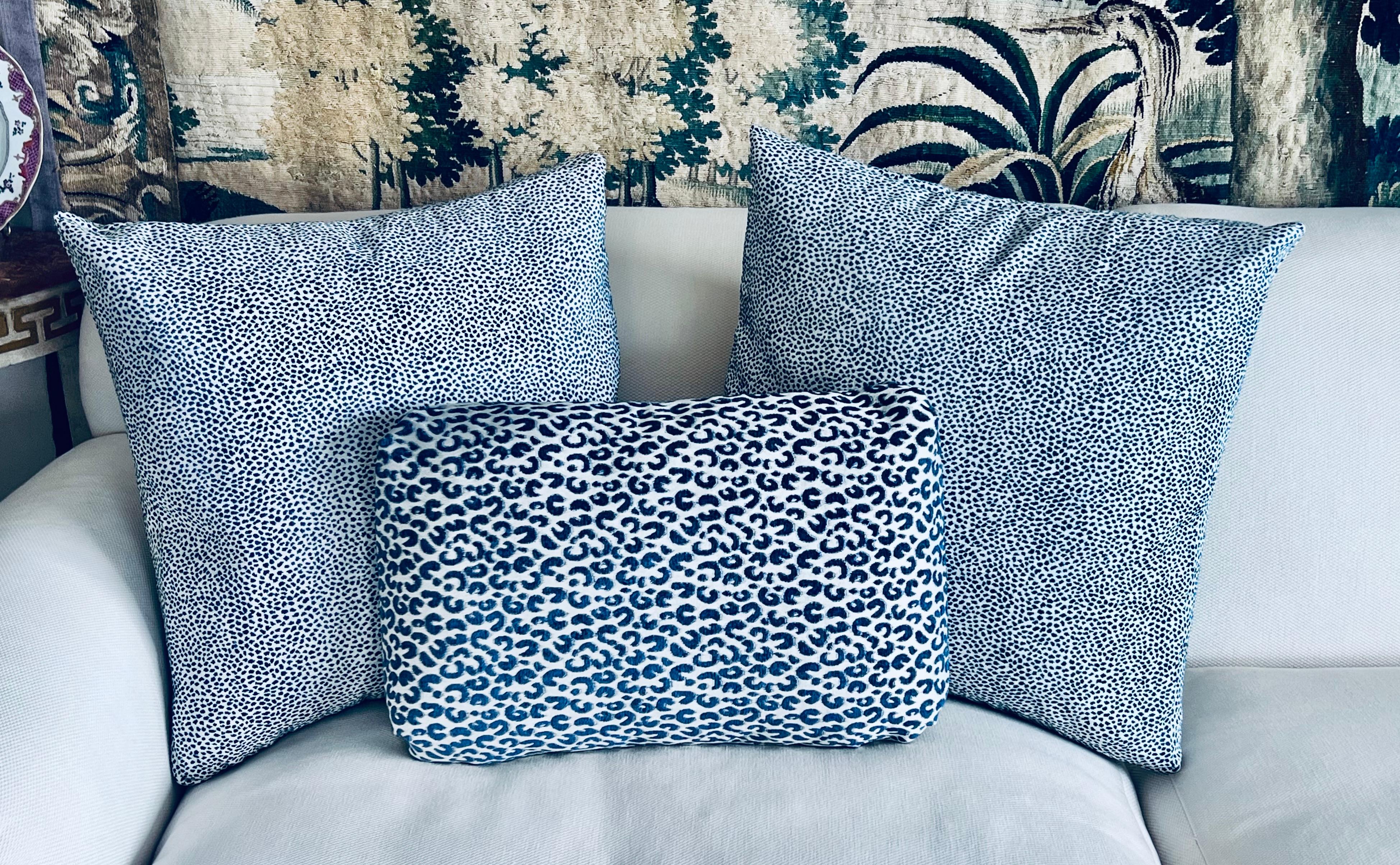 Pair Cushions/Pillows in a small blue animal print For Sale 2