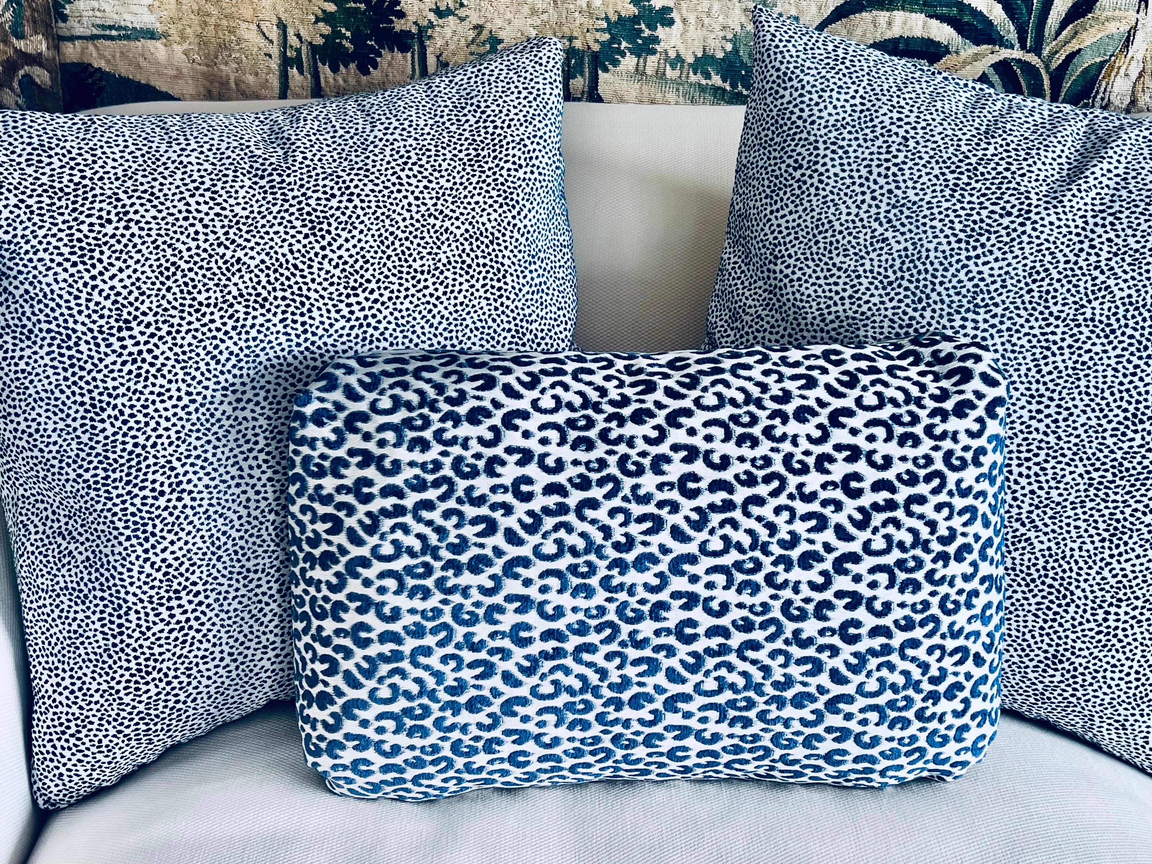 Pair Cushions/Pillows in a small blue animal print For Sale 3