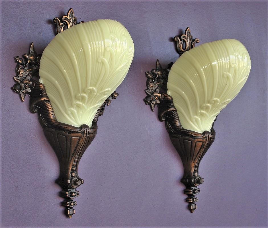 Rococo Revival 2 Pair Custard Slip Shades on Bronze Deco Rococo Vintage Originals priced per pr For Sale