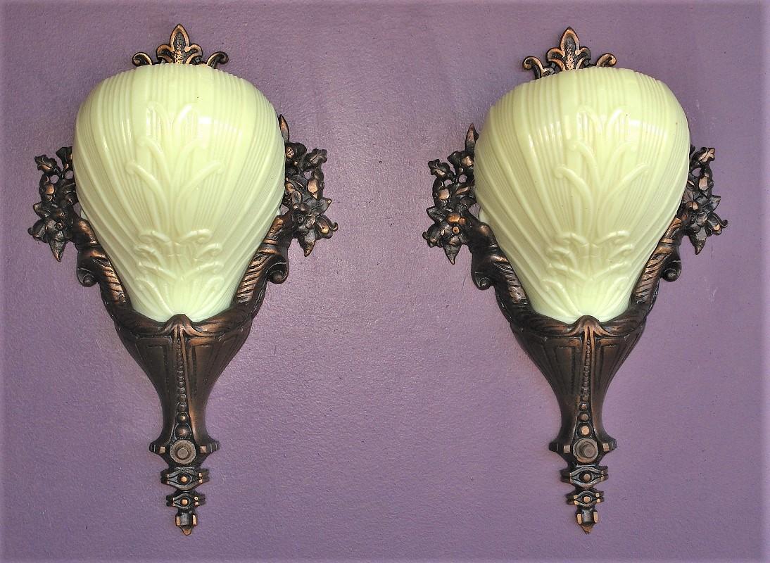 American 2 Pair Custard Slip Shades on Bronze Deco Rococo Vintage Originals priced per pr For Sale