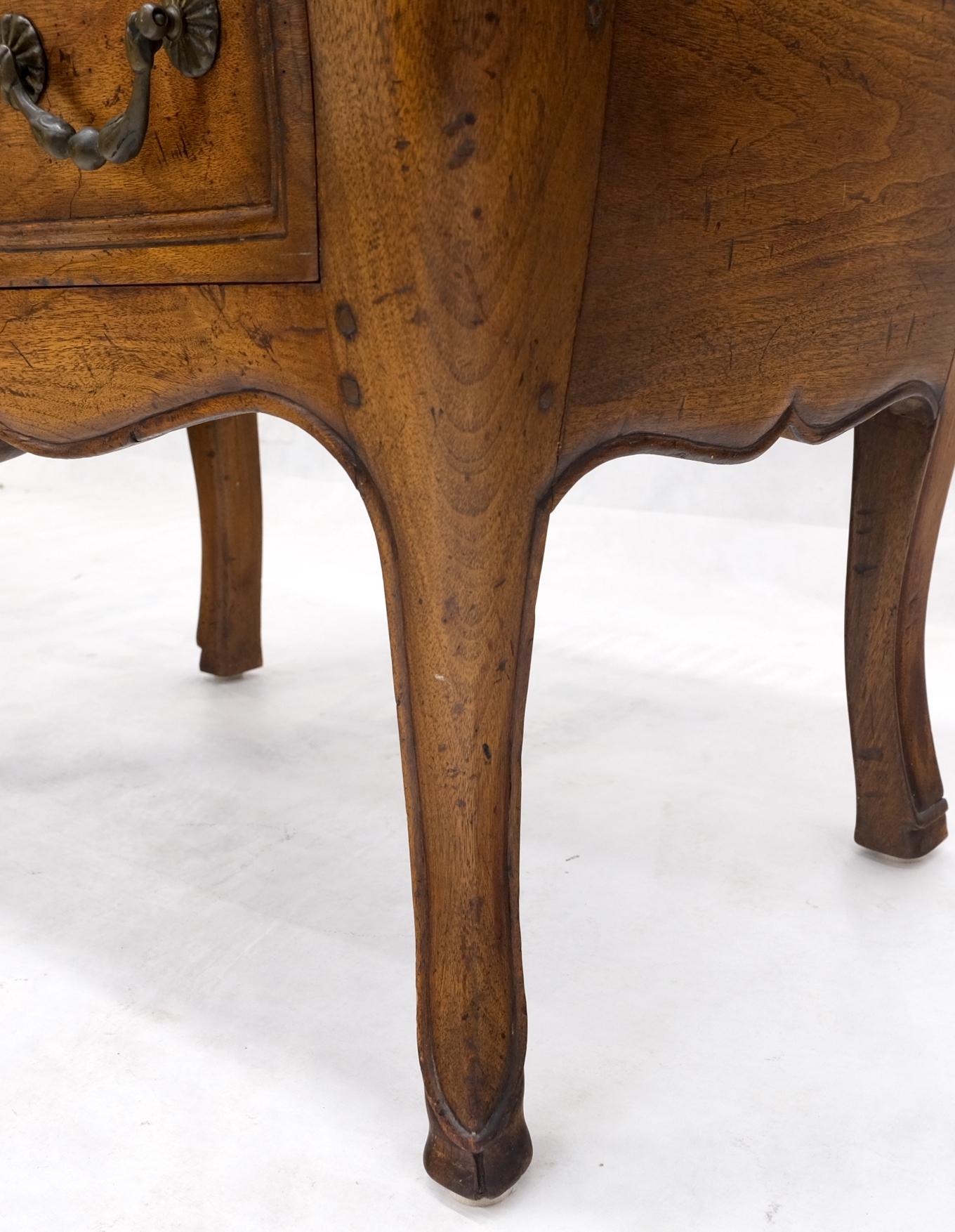 Walnut Pair Custom Bombe Shape Marble Top Brass Drop Pulls 2 Drawer Nightstands Tables