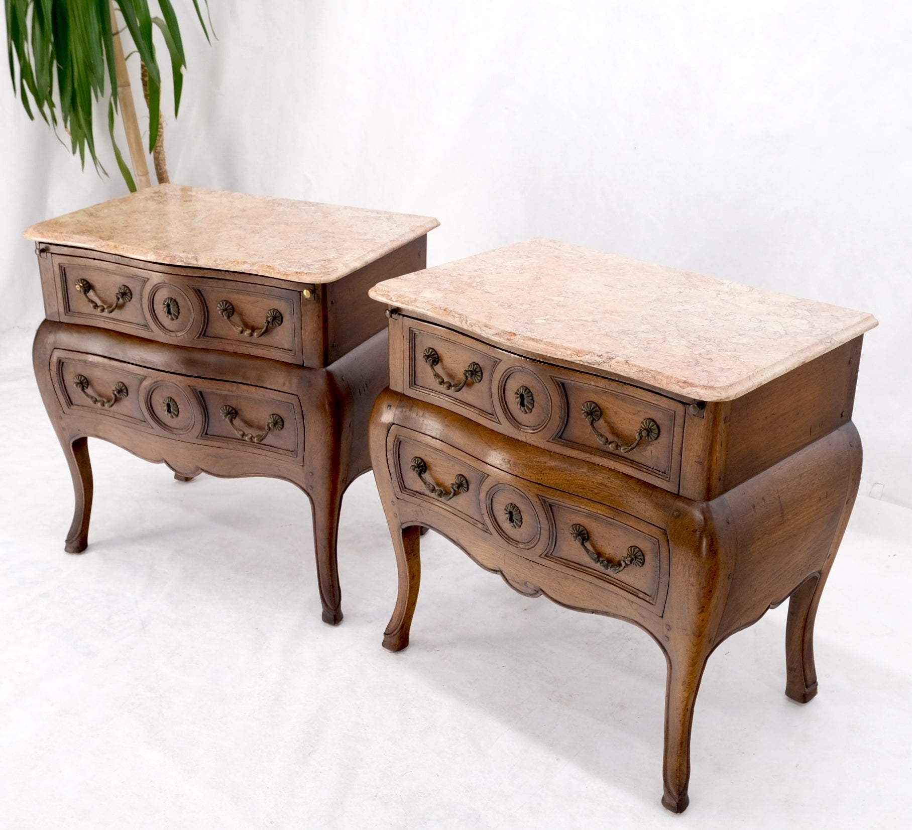 Pair Spanish Colonial / Country French Custom Bombe Shape Peg Joints Rouge Marble Top Brass Drop Pulls 2 Drawer Night Stands End Side Tables.