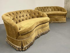Pair Custom Chesterfield Tufted Loveseats, Settees, Couches, Velour, Georgian