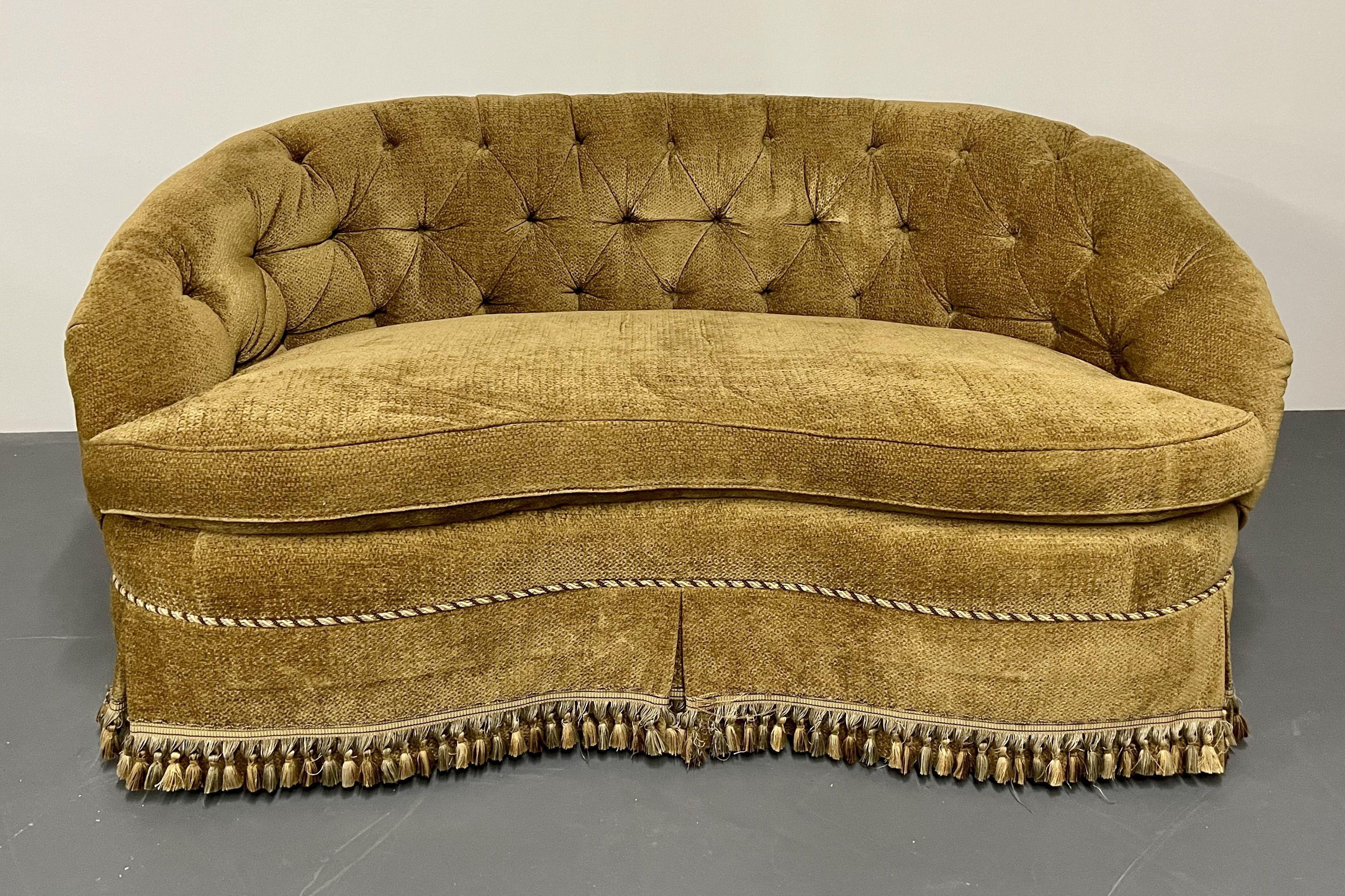 American Pair Custom Chesterfield Tufted Loveseats, Settees, Couches, Velour, Georgian For Sale