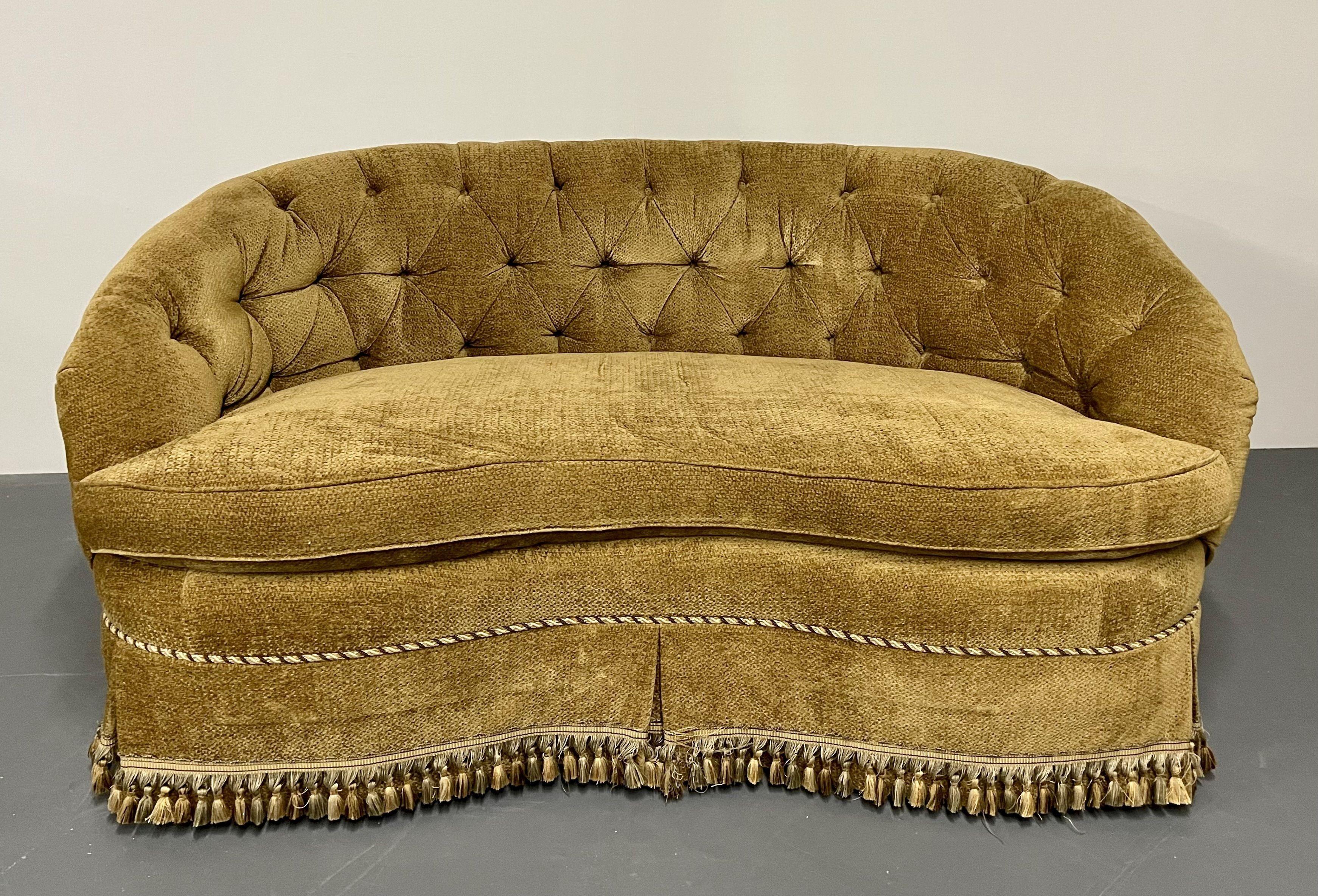 20th Century Pair Custom Chesterfield Tufted Loveseats, Settees, Couches, Velour, Georgian For Sale