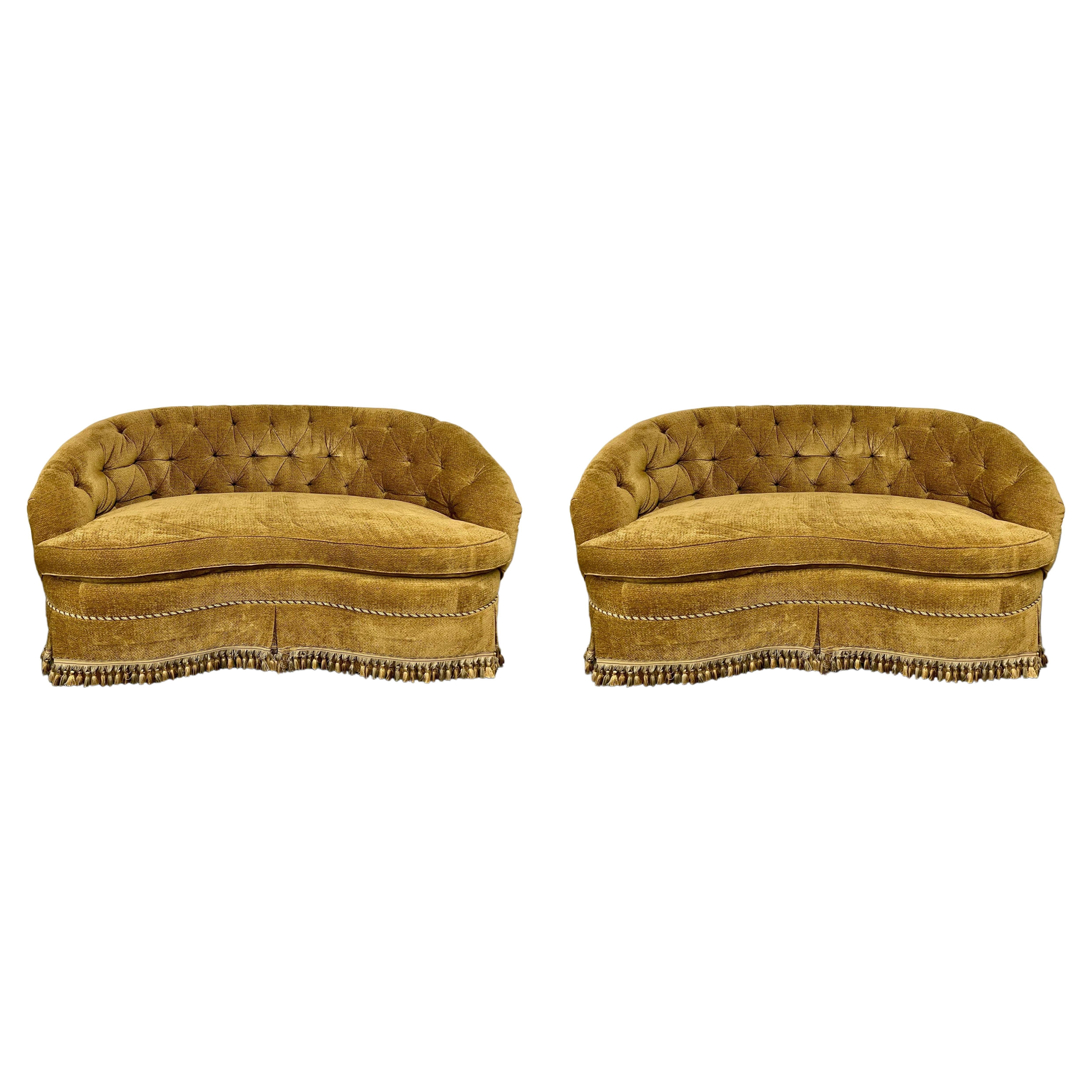 Pair Custom Chesterfield Tufted Loveseats, Settees, Couches, Velour, Georgian For Sale
