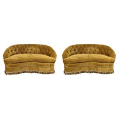 Pair Custom Chesterfield Tufted Loveseats, Settees, Couches, Velour, Georgian