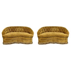 Used Pair Custom Chesterfield Tufted Loveseats, Settees, Couches, Velour, Georgian