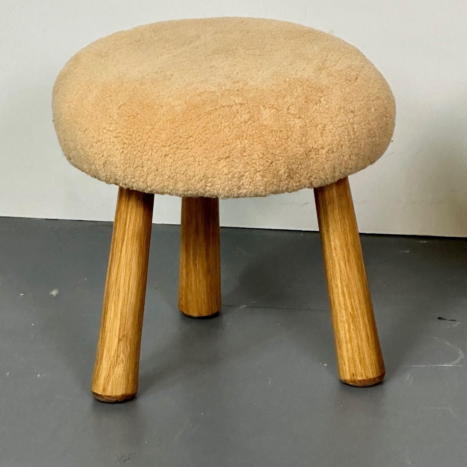 Pair Custom Contemporary Scandinavian Modern Style Sheepskin Stools / Ottomans In Good Condition In Stamford, CT