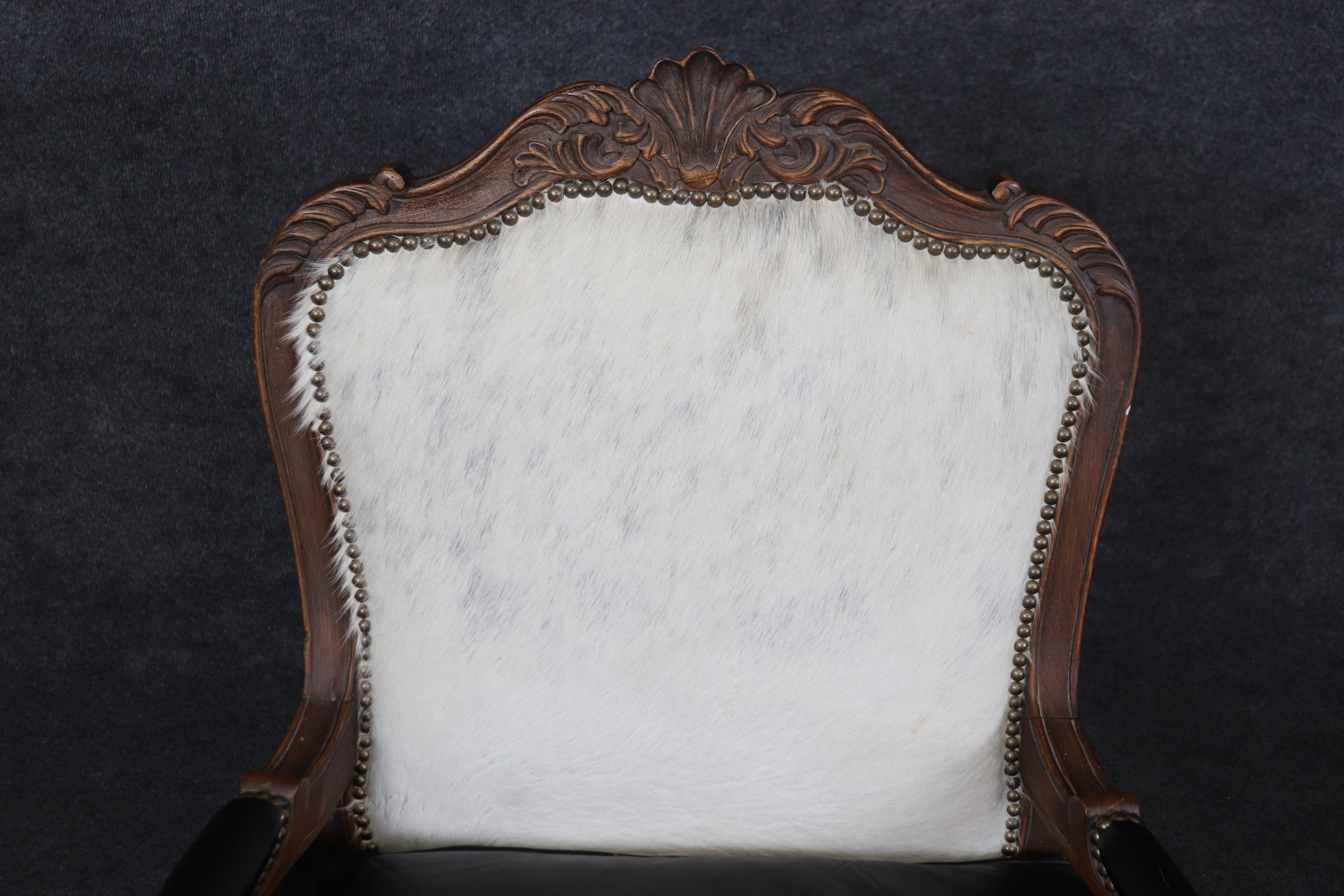 Pair Custom Cowhide and Smooth Black Leather French Louis XV Bergere Chairs For Sale 6