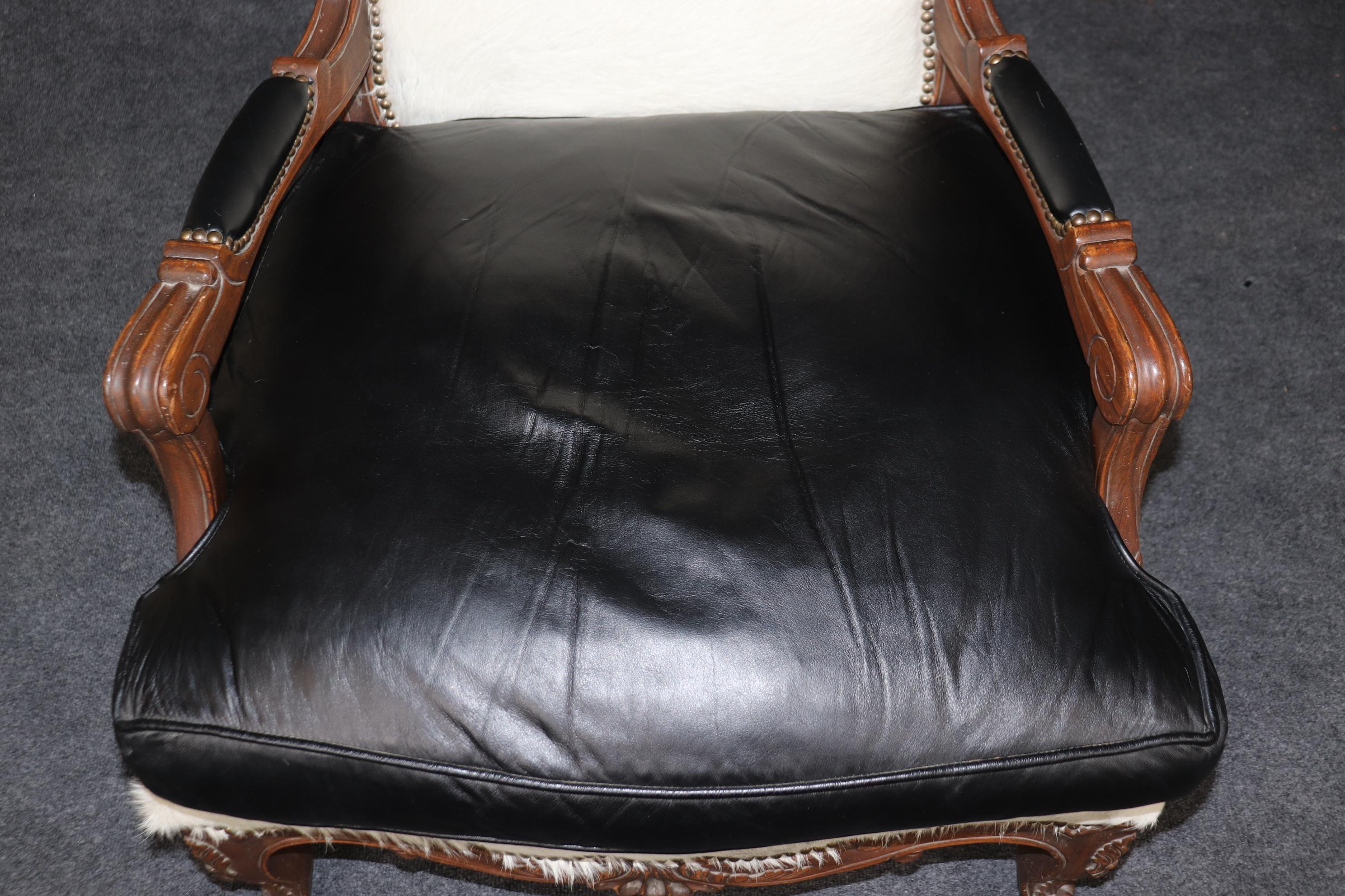 Pair Custom Cowhide and Smooth Black Leather French Louis XV Bergere Chairs For Sale 7