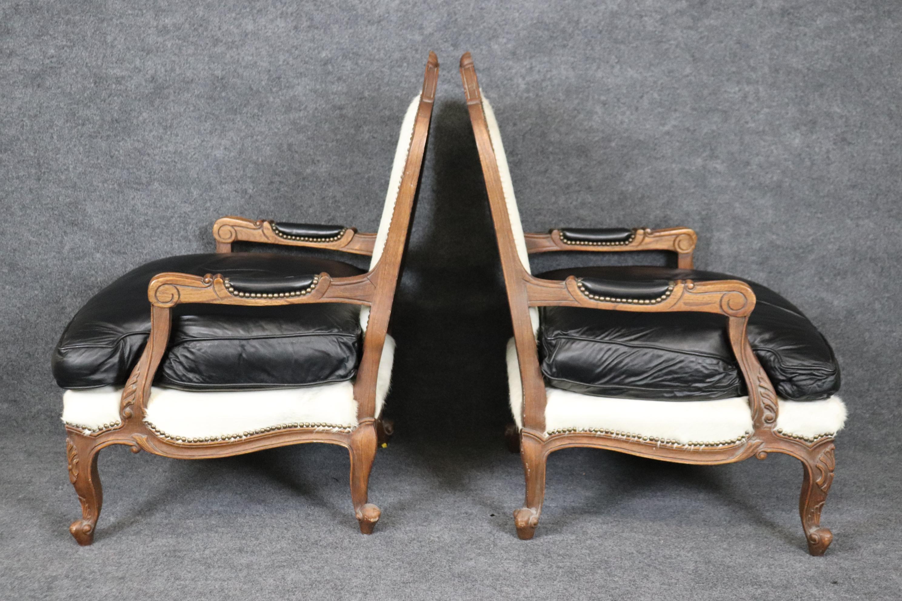 French Provincial Pair Custom Cowhide and Smooth Black Leather French Louis XV Bergere Chairs For Sale
