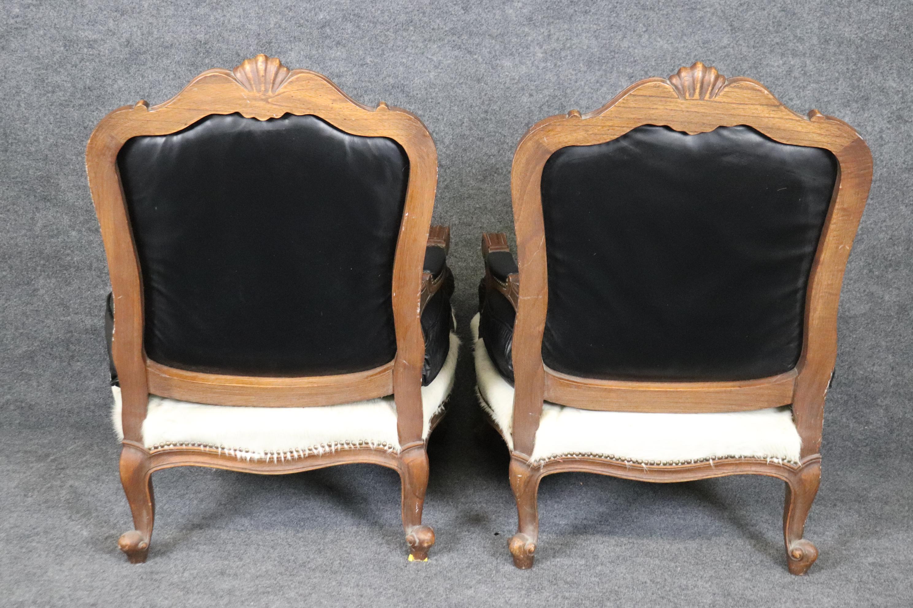 Pair Custom Cowhide and Smooth Black Leather French Louis XV Bergere Chairs In Good Condition For Sale In Swedesboro, NJ