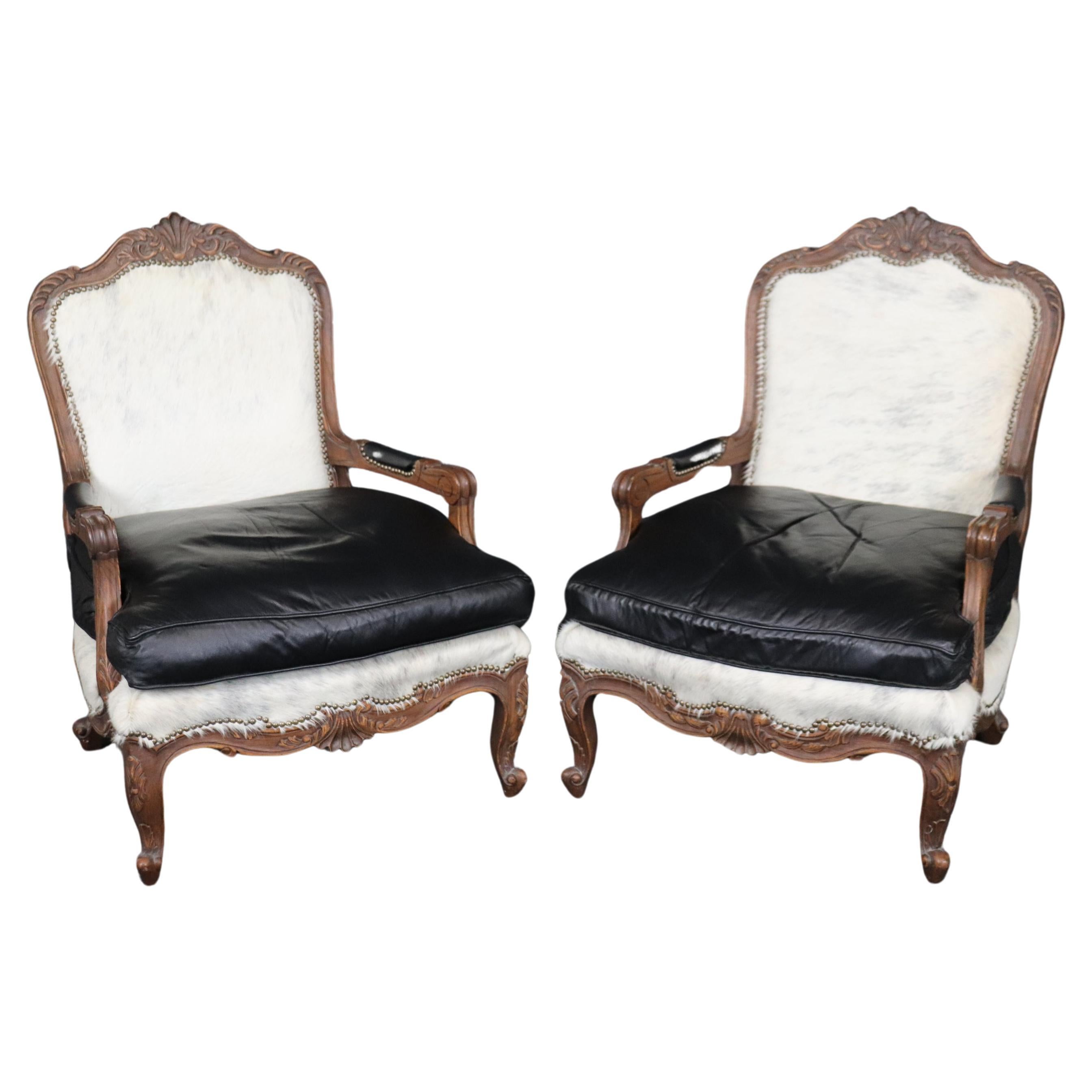 Pair Custom Cowhide and Smooth Black Leather French Louis XV Bergere Chairs For Sale
