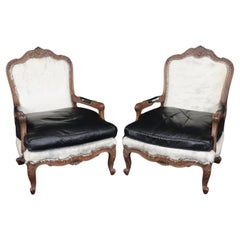 Pair Custom Cowhide and Smooth Black Leather French Louis XV Bergere Chairs