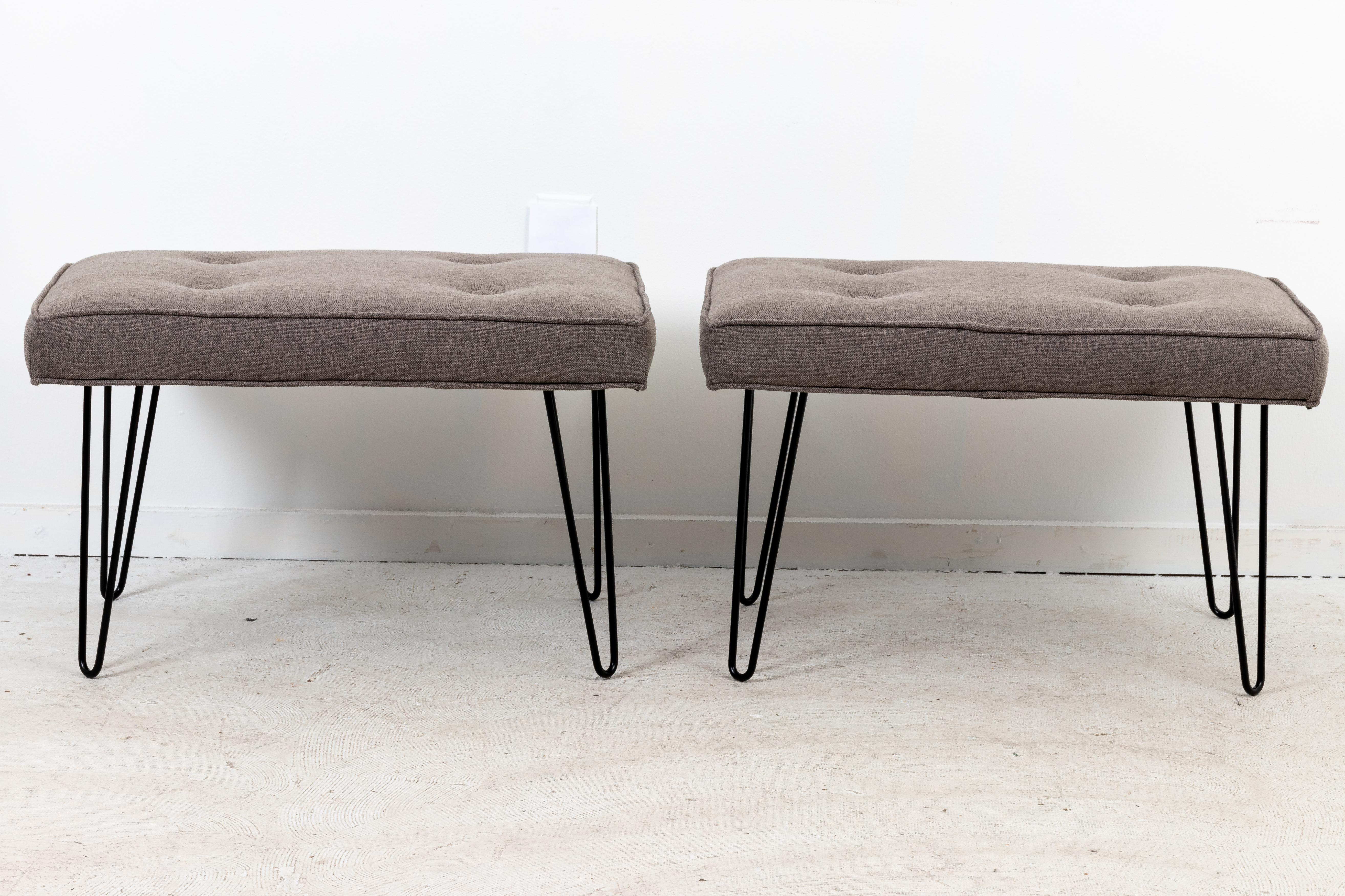 These are newly made pair of custom hairpin leg benches, with satin black powder coated iron legs and three inch thick upholstered seats. Shown in 24