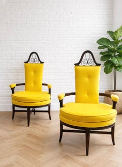 Pair - Custom Hollywood Regency High-Back Throne Chairs  Canary Yellow Velvet