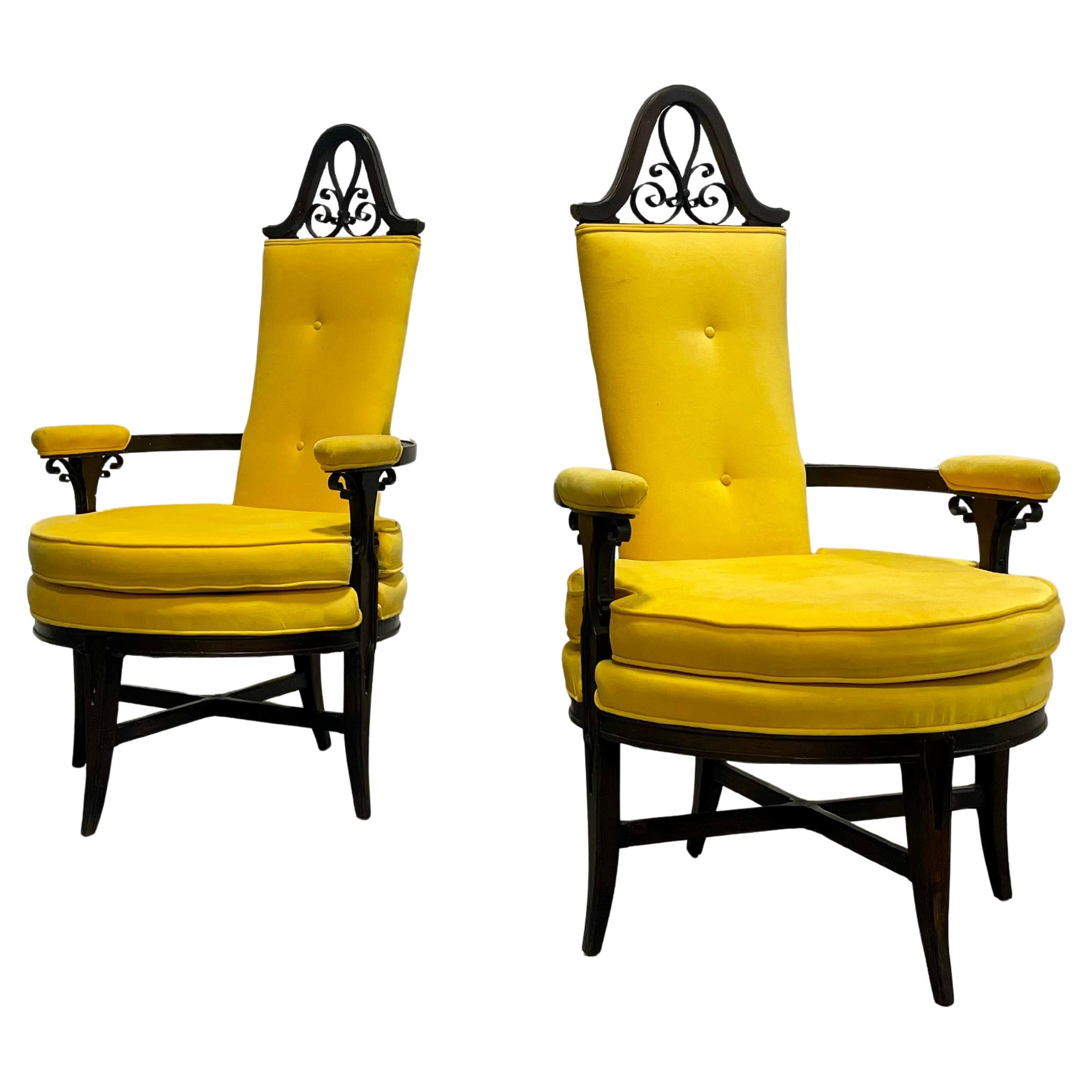 Paar - Hochlehnige Hollywood Regency Thronsessel  Kanariengelber Samt im Angebot