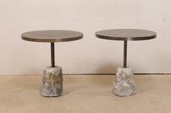 Pair of Custom Iron Top Bistro Tables with Spanish Stone Plinth Bases