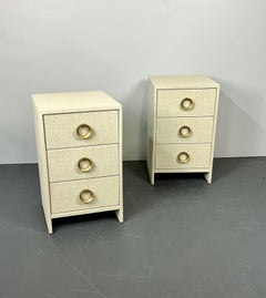 Pair Custom Linen Wrapped Nightstands, End or Side Tables, Beige, American