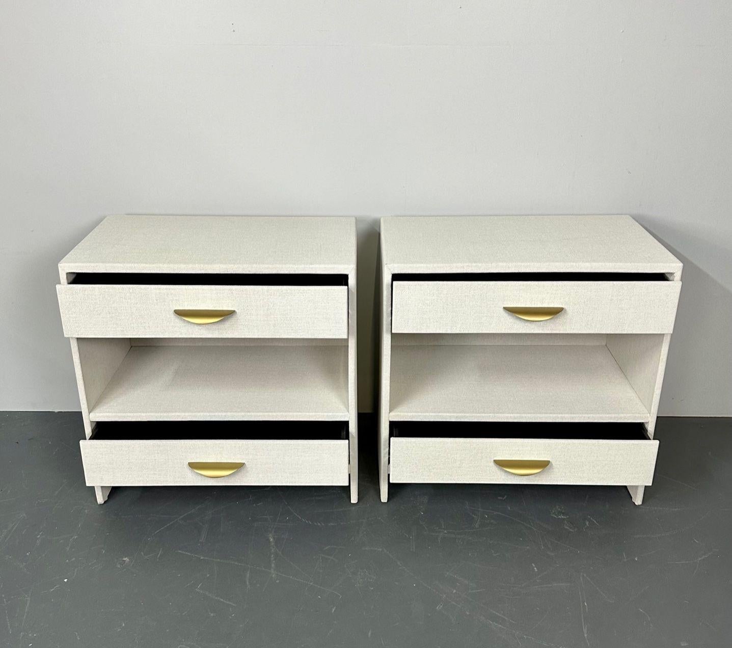 Pair Custom Linen Wrapped Open Commodes, Chests, Nightstands, White, American 4