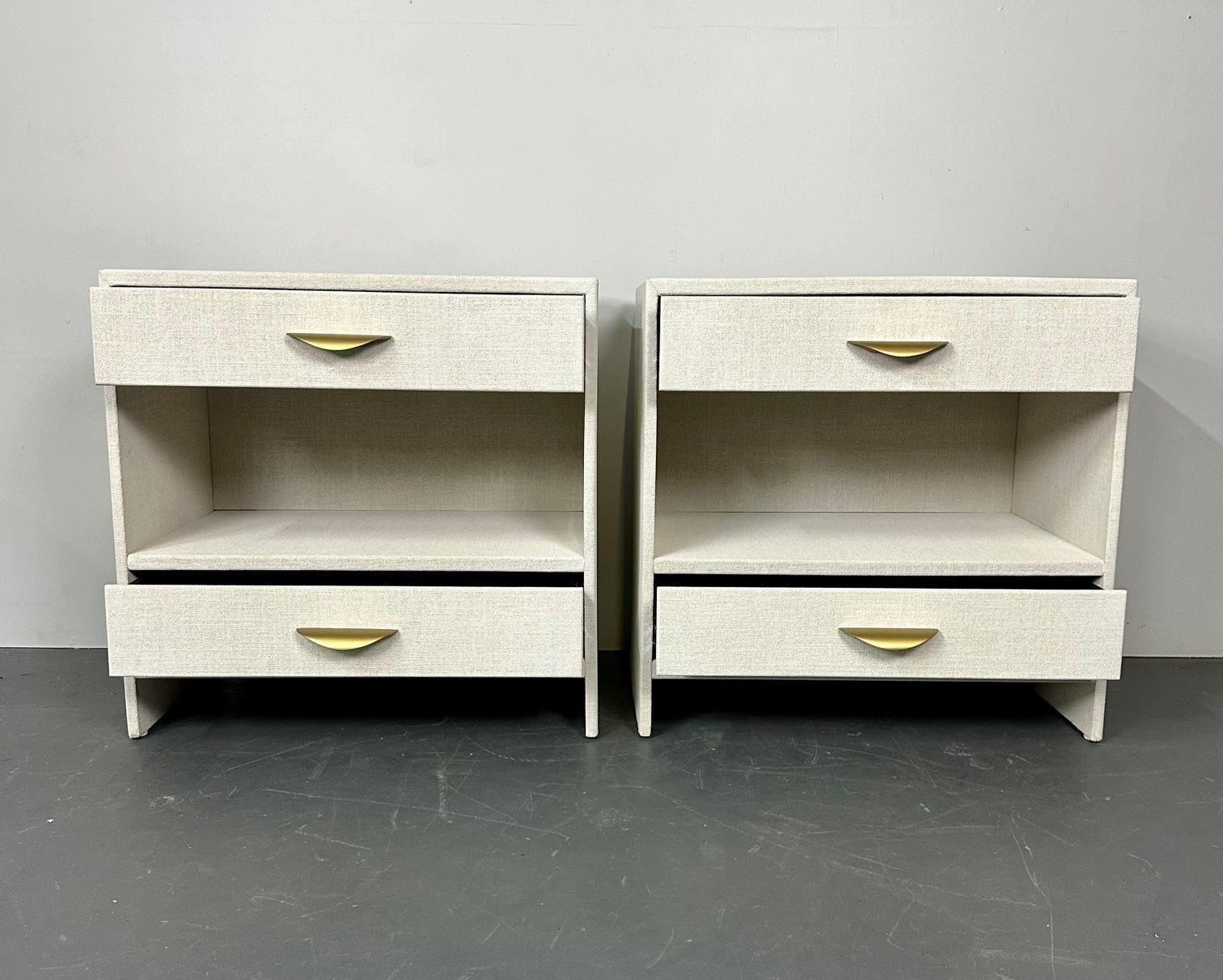 Pair Custom Linen Wrapped Open Commodes, Chests, Nightstands, White, American 5