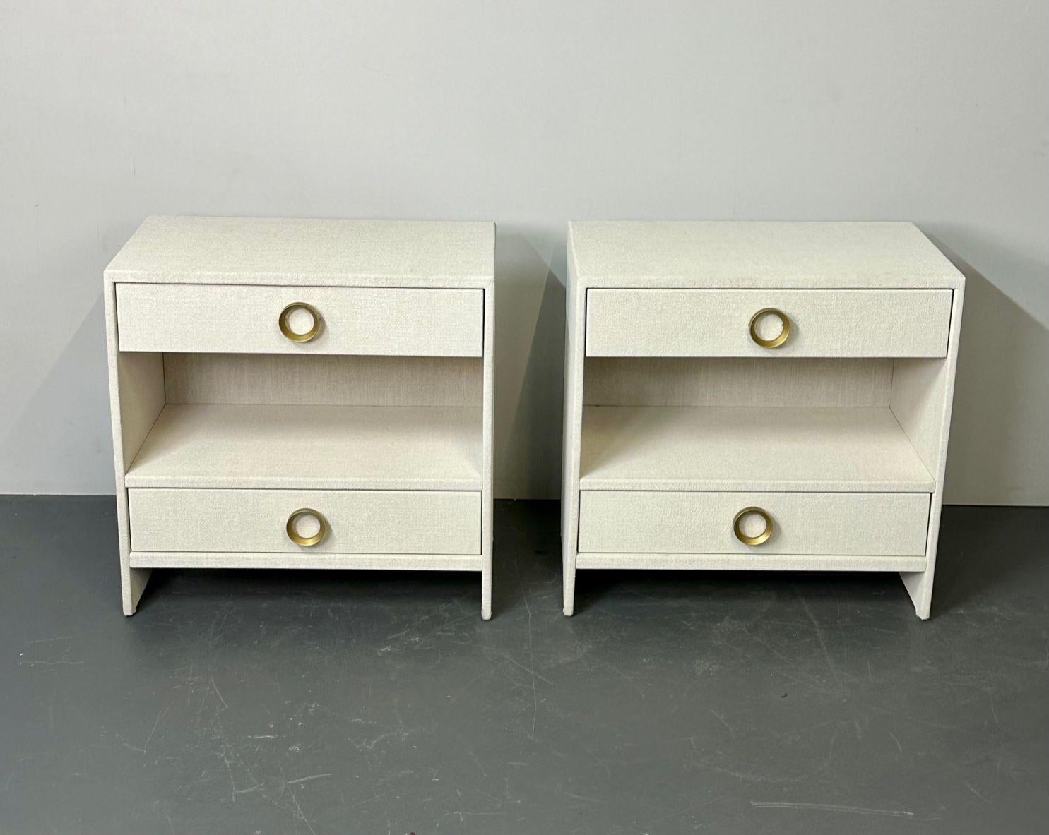 Pair Custom Linen Wrapped Open Commodes, Chests, Nightstands, White, American
 
Pair of modern linen chests, nightstands, or dressers. Custom quality two drawer open modern decorative cabinets. Each having been hand wrapped in linen and given a