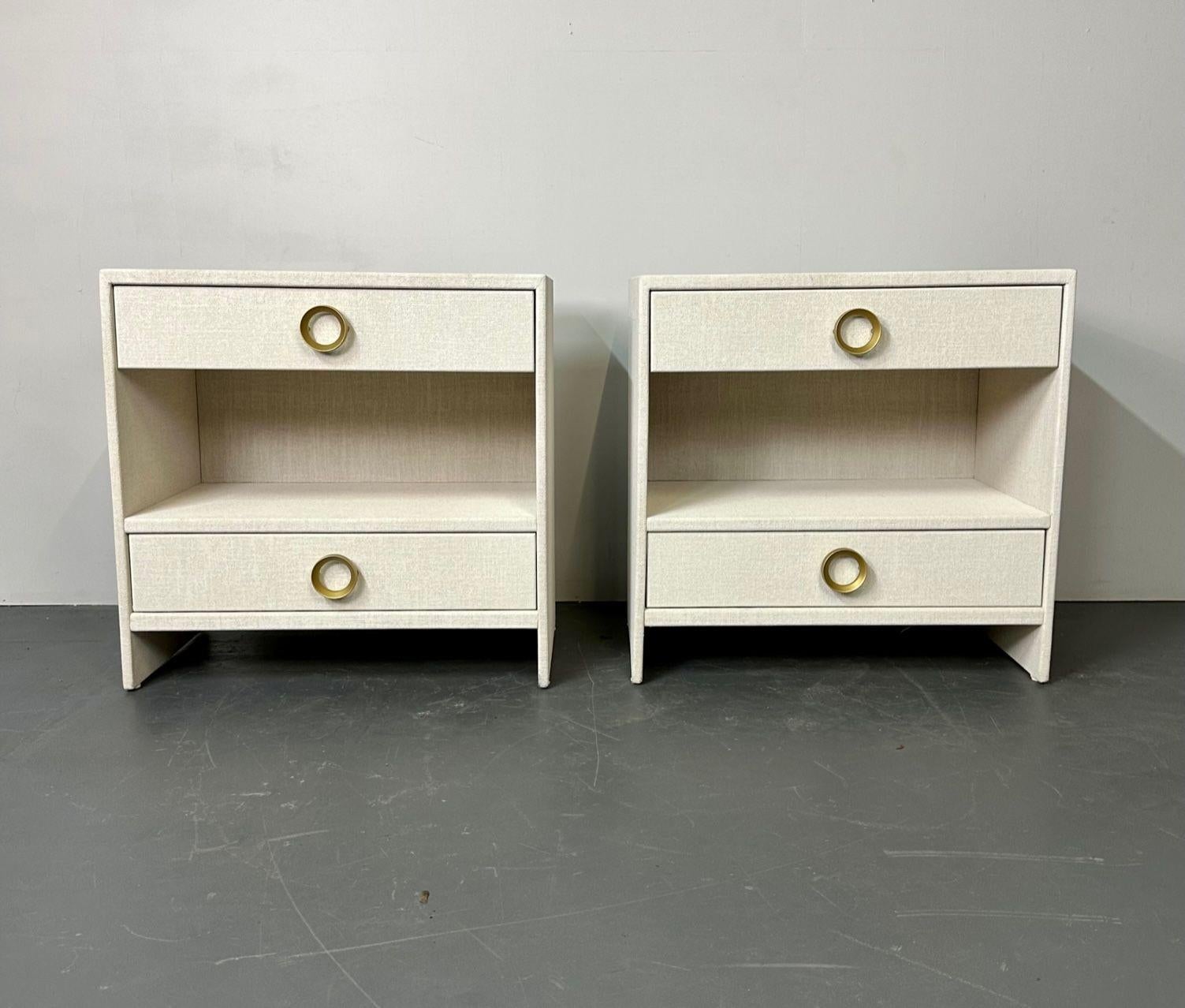 Modern Pair Custom Linen Wrapped Open Commodes, Chests, Nightstands, White, American