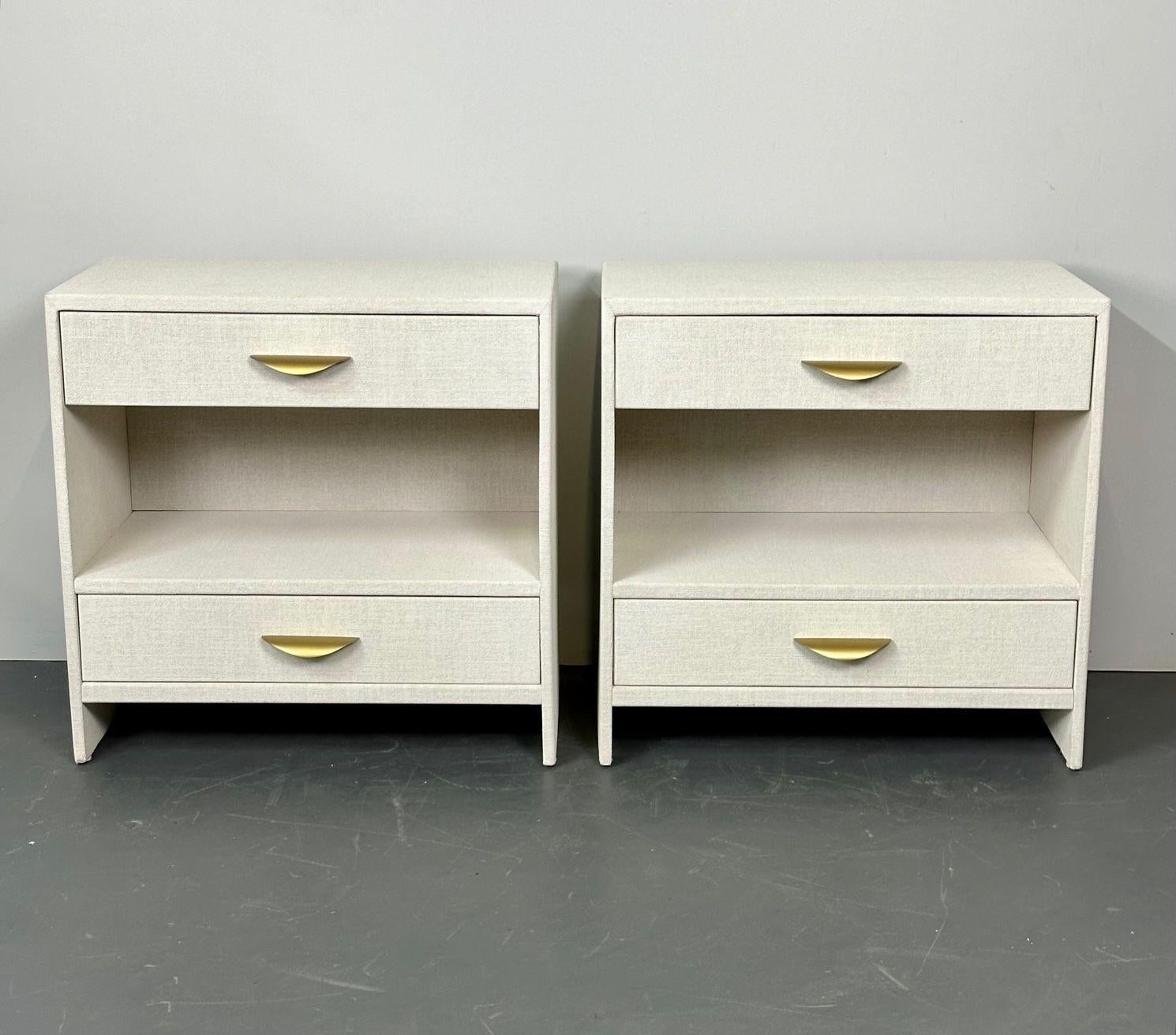 Modern Pair Custom Linen Wrapped Open Commodes, Chests, Nightstands, White, American For Sale