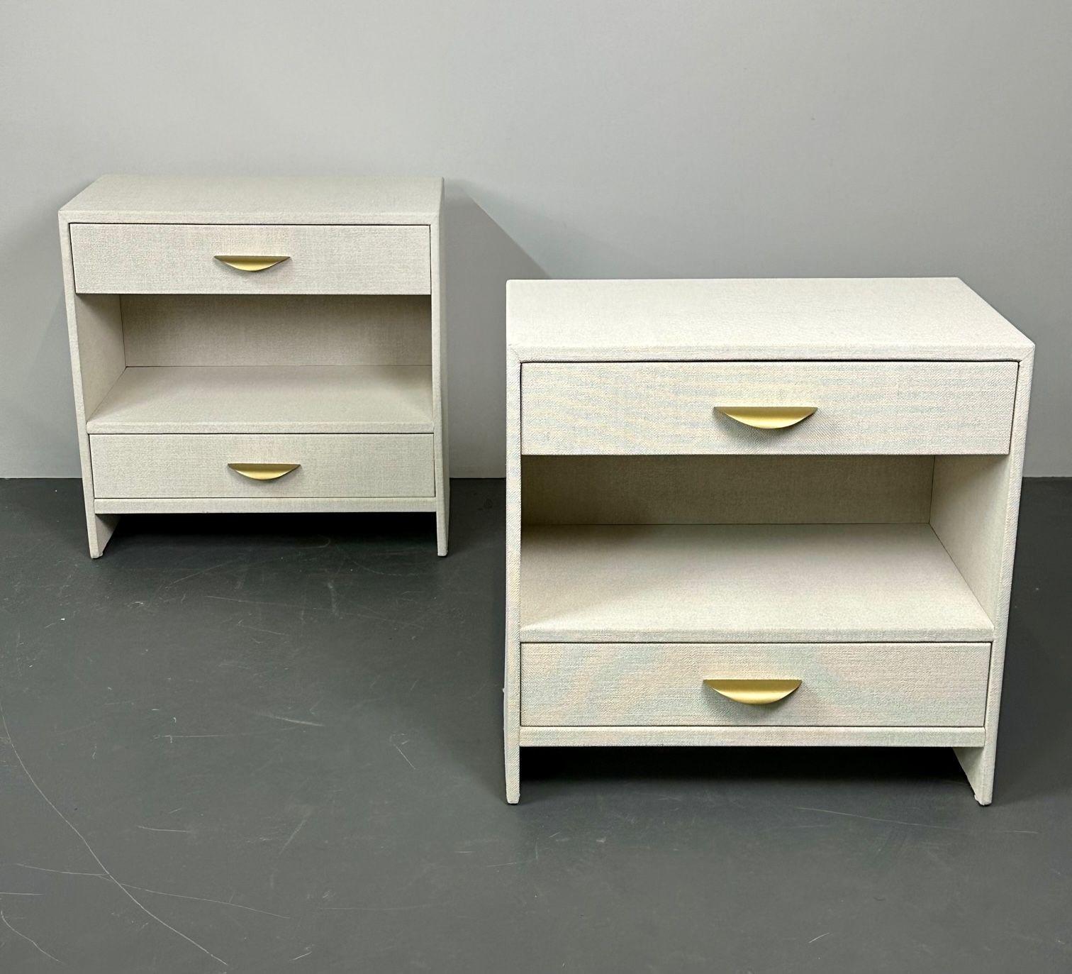 Modern Pair Custom Linen Wrapped Open Commodes, Chests, Nightstands, White, American