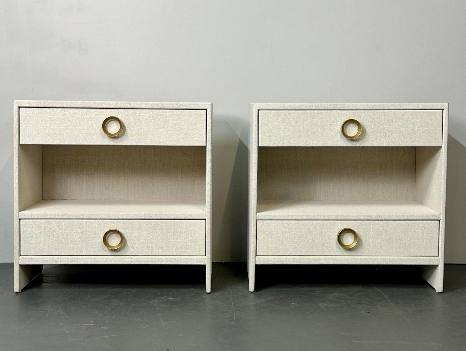 Pair Custom Linen Wrapped Open Commodes, Chests, Nightstands, White, American In Good Condition In Stamford, CT