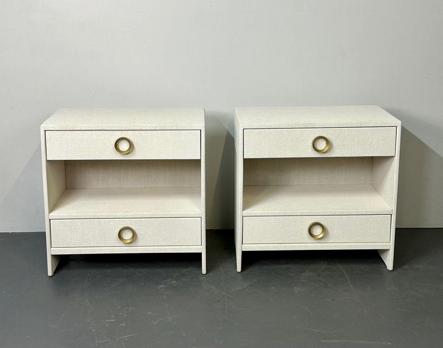 Contemporary Pair Custom Linen Wrapped Open Commodes, Chests, Nightstands, White, American
