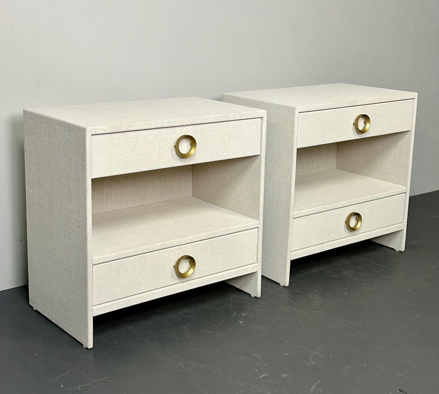 Wood Pair Custom Linen Wrapped Open Commodes, Chests, Nightstands, White, American