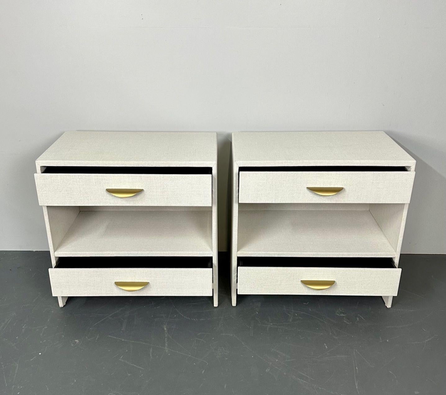 Pair Custom Linen Wrapped Open Commodes, Chests, Nightstands, White, American 1