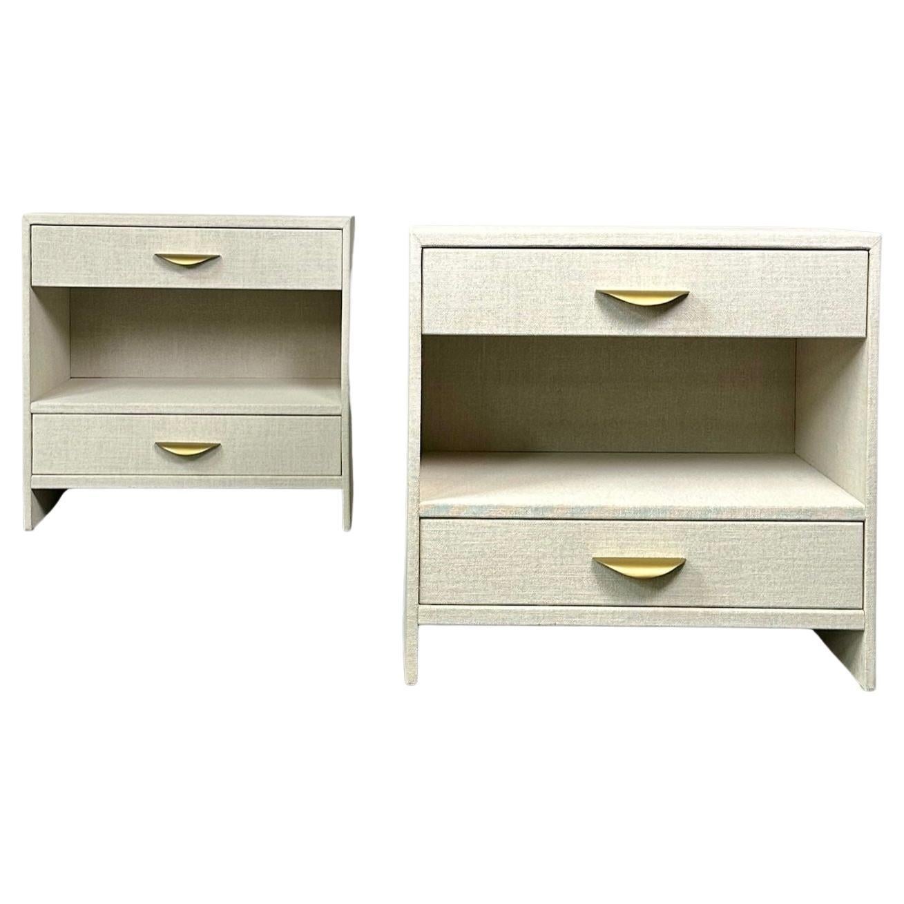 Pair Custom Linen Wrapped Open Commodes, Chests, Nightstands, White, American