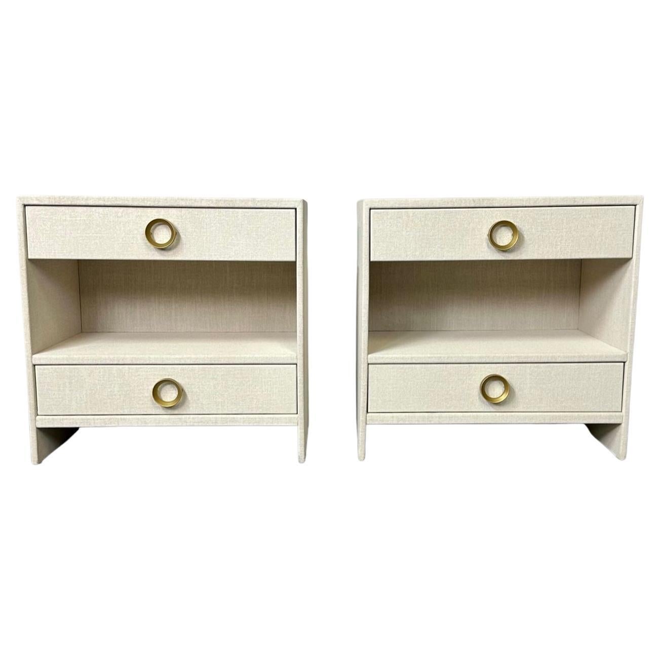 Pair Custom Linen Wrapped Open Commodes, Chests, Nightstands, White, American