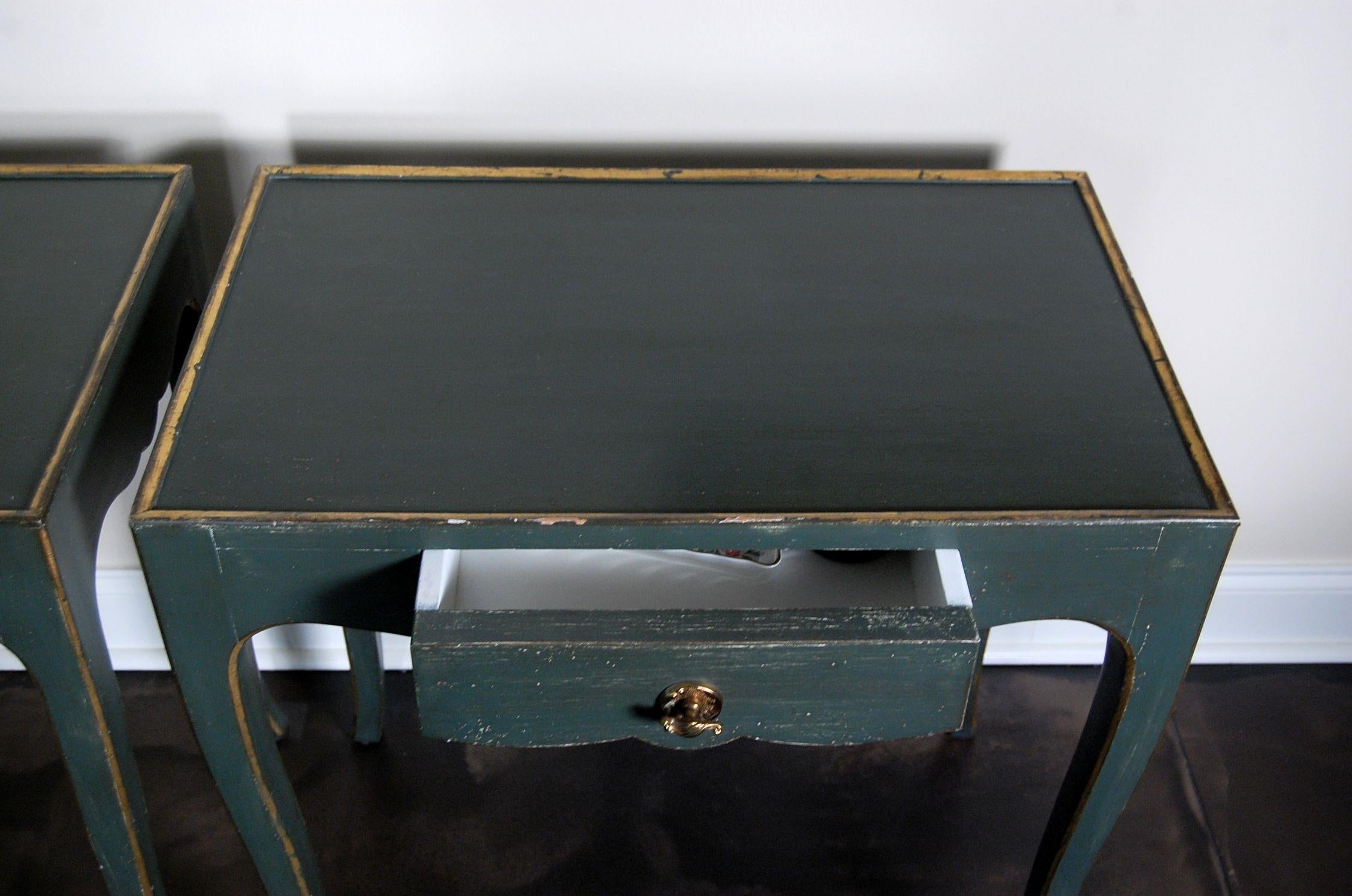 American Pair of Custom Made Side Tables in Green Paint with Drawers